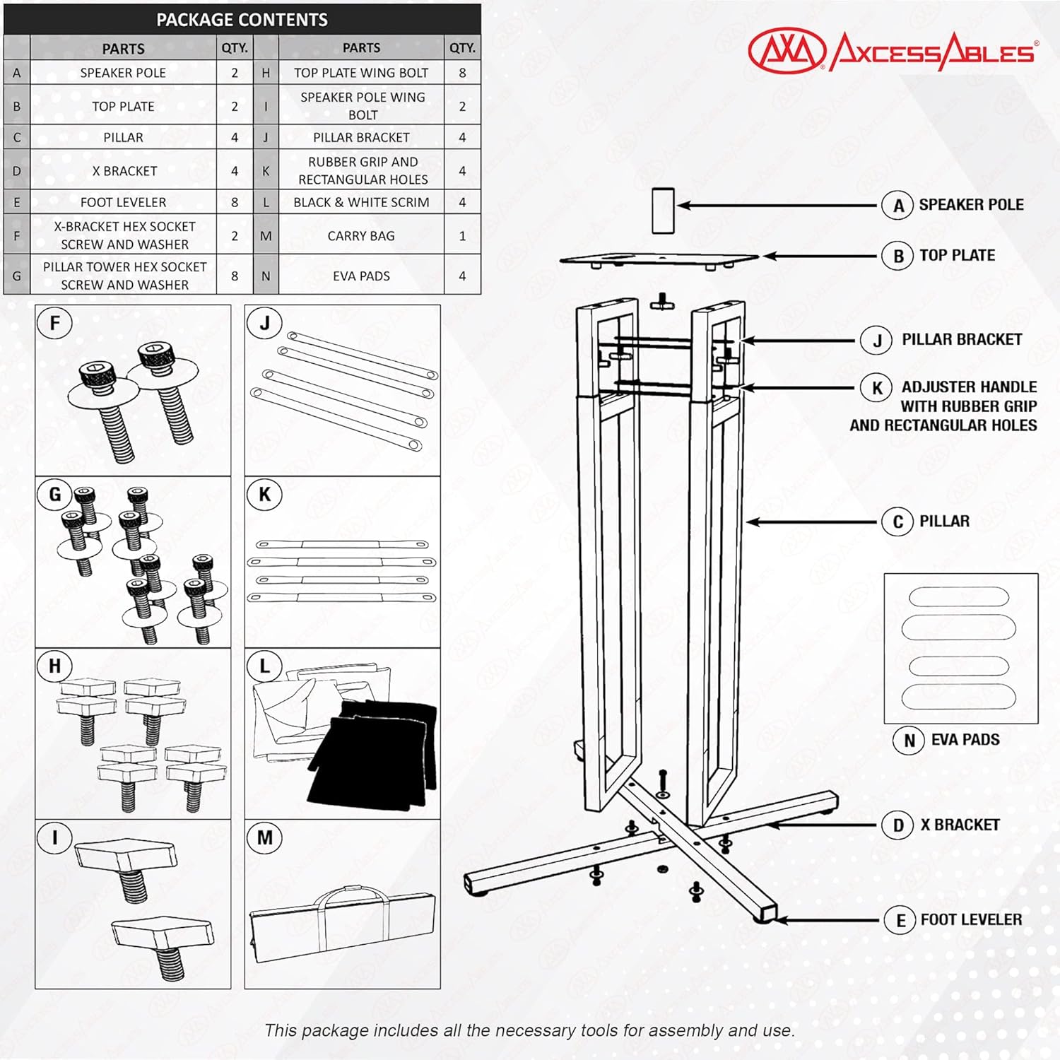 AxcessAble Two (2) Moving Head Light Totem Stands with White/Black Scrims, Portable DJ Lighting or Speaker Column Stands with Carrying Bag and EVA Pads – Adjustable Height Up to 70.5" (2-Stand Pack)