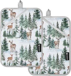 Christmas Forest Deer Pine Trees Pot Holder Set of 2, Kitchen Heat Resistant Potholder for BBQ Cooking Baking Microwave, Oven Hot Pads for Women Men