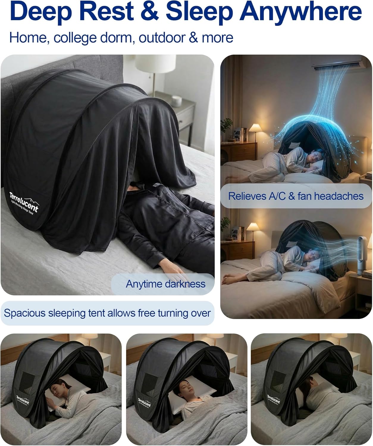 Sleep Bed Tent for Head, Pop-Up Blackout Sleep Tent, with Dual-Layer Blackout and Mesh Door Curtains, Head Tent for Sleeping, Night Shifts, Dorms, Travel, Sunbathing, Napping