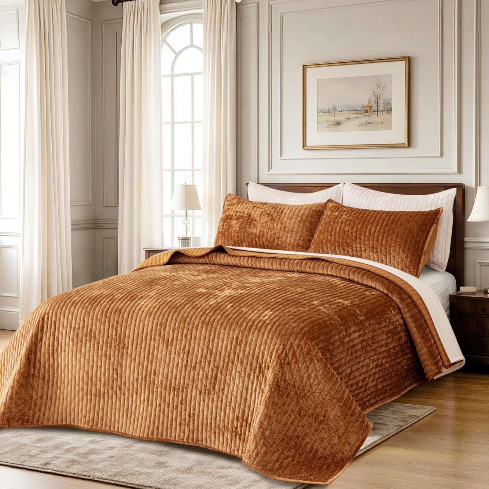 TAOTAOGO Velvet bedspread, 2 Shams, Oversized quilt, Caramel 230x250cm