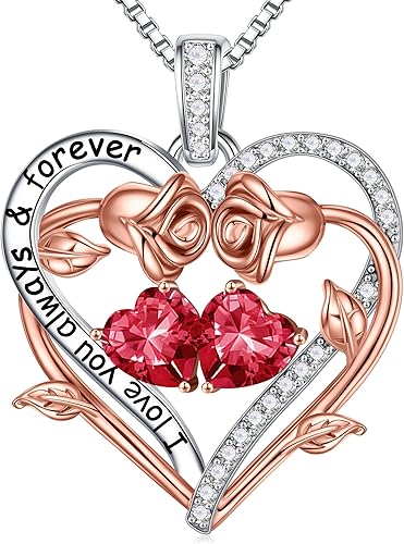 Iefil Collar de piedra natal de corazón rosa, regalos para mujeres, mamá, abuela, joyería de piedra natal natural o creada, para el día de la madre,