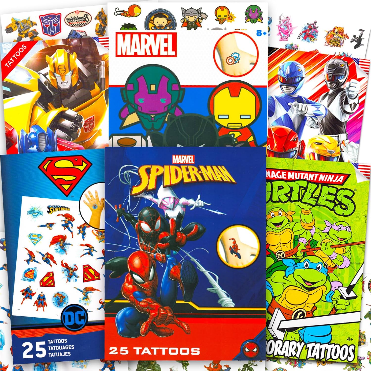 Marvel Superhero Tattoos Ultimate Set - Bundle of 150 Pcs Super Hero Temporary Tattoos | Marvel Avengers Superman "TMNT" Power Rangers Transformers