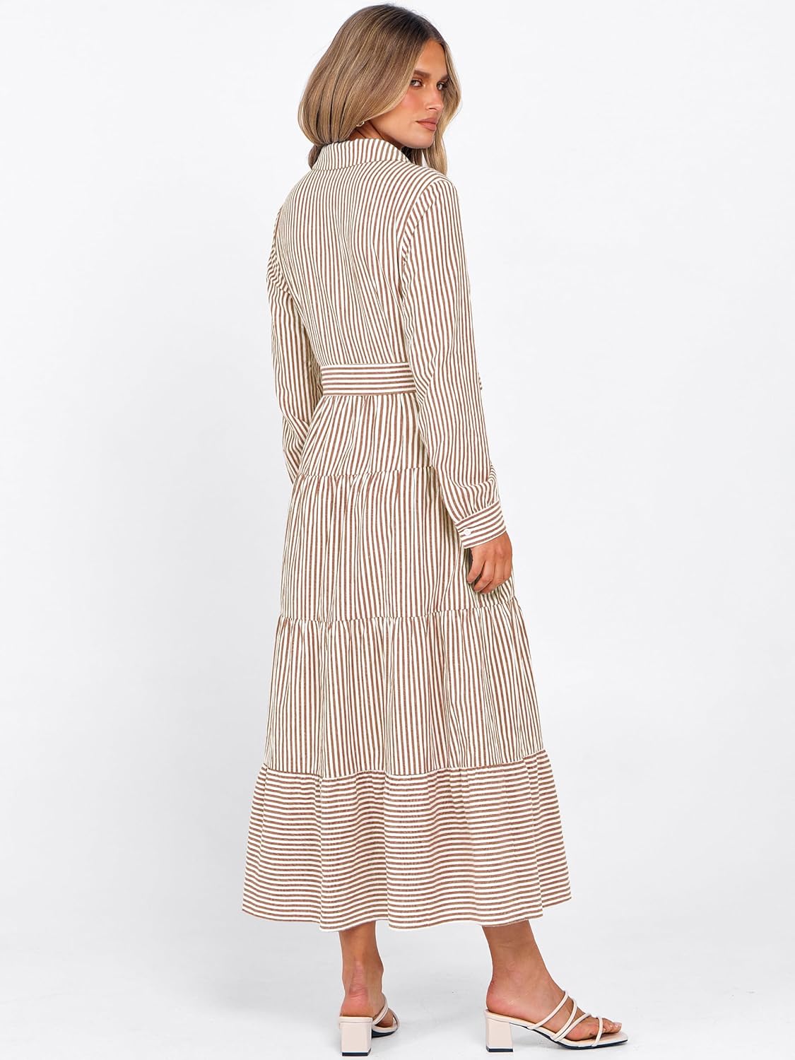 Caracilia Women Long Sleeve Maxi Dress 2026 Spring Casual Button Down Striped Plaid Tie Waist Shirt Dresses Vacation Outfits - Image 5