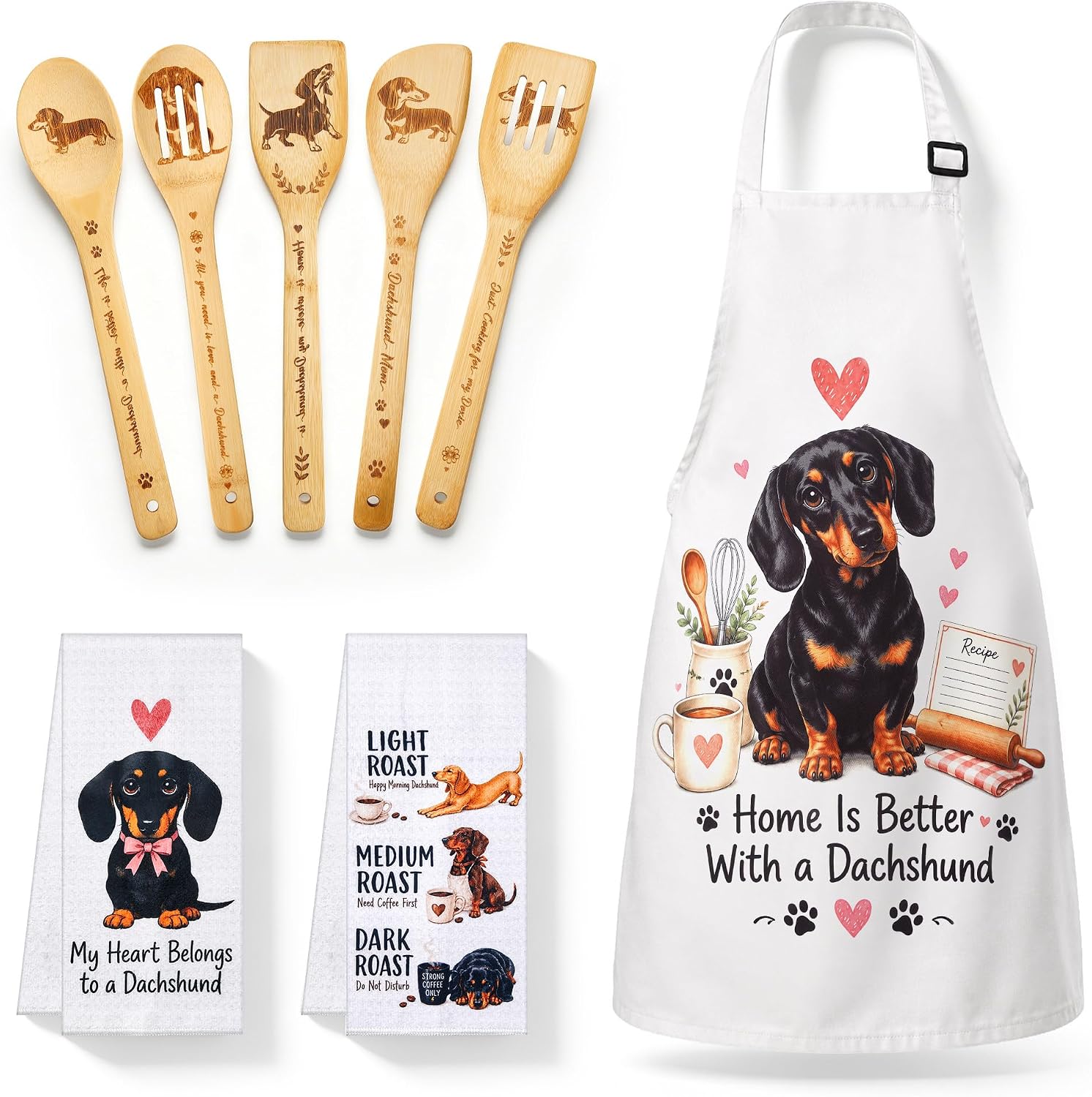 8 Pcs Dachshund Gifts for Women, Weiner Dog Kitchen Decor Cooking Utensils Set Include Bamboo Wooden Spoons Apron & Kitchen Towels, Birthday Housewarming Gifts for Pet Lovers Mom