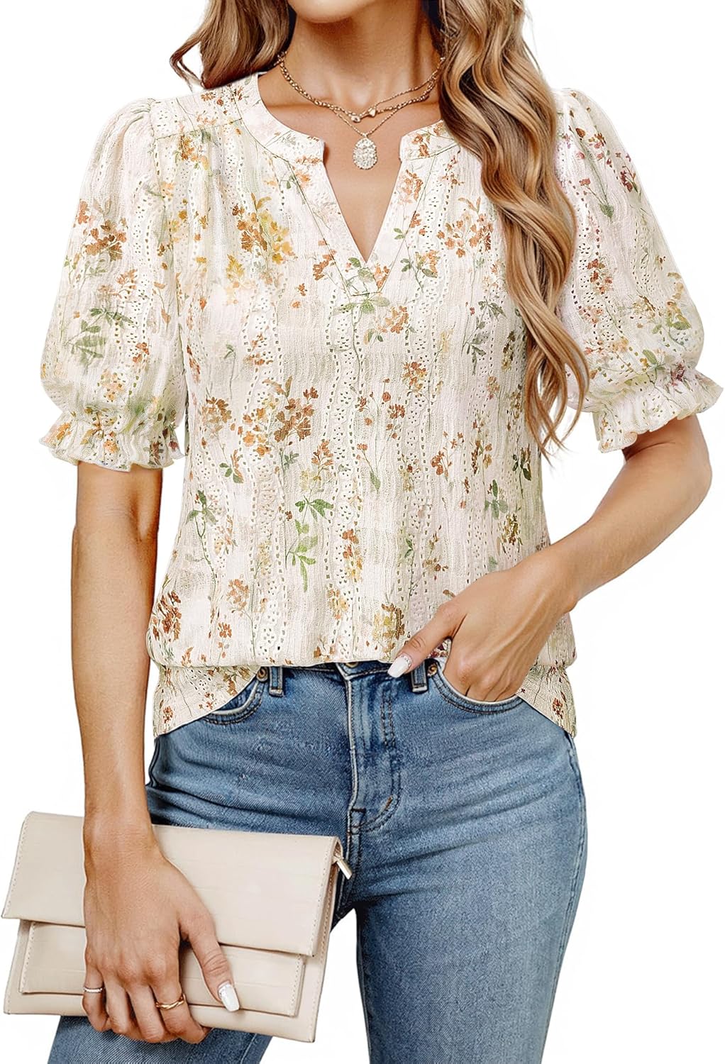 Unixseque Womens Summer Tops Business Casual Puff Sleeve Blouses V Neck Knit Shirts