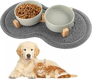 Hundenapf Keramik, 400ML Doppel Futternapf Hund, mit Bambus Ständer und Rutschfestem Matte, Keramik Futternapf Katze, Erhöhter Futternapf Set, Fressnapf Hund für Kleine Bis Mittlere Hunde (Grau) product image
