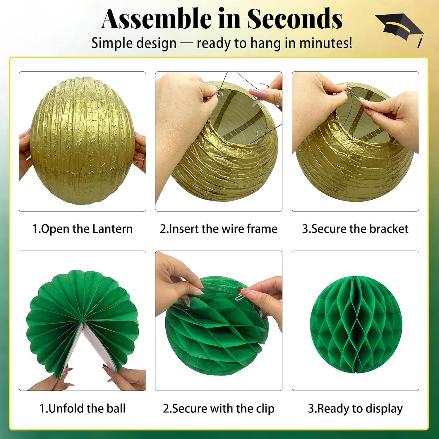Green and Gold Party Decorations - 16Pcs Hanging Green White and Gold Paper Lanterns & Honeycomb Balls for Graduation Decorations 2026, Birthday, Baby Shower & Wedding Party Supplies