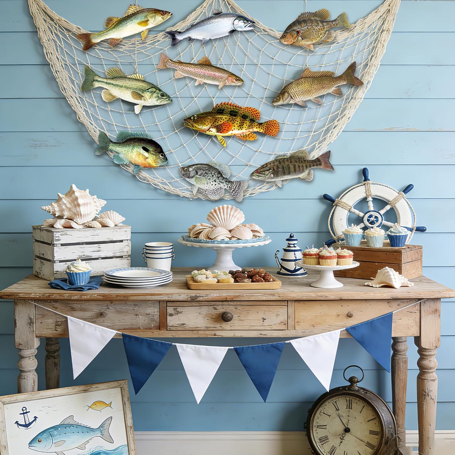 Gone Fishing Party Decorations Kit with Fishing Net & Fish Cutout Props | Large Fishing Net and 10 Fish Cutout Props for Fishing Birthday Backdrops, Dessert Tables, Wall Displays, and Party Photos