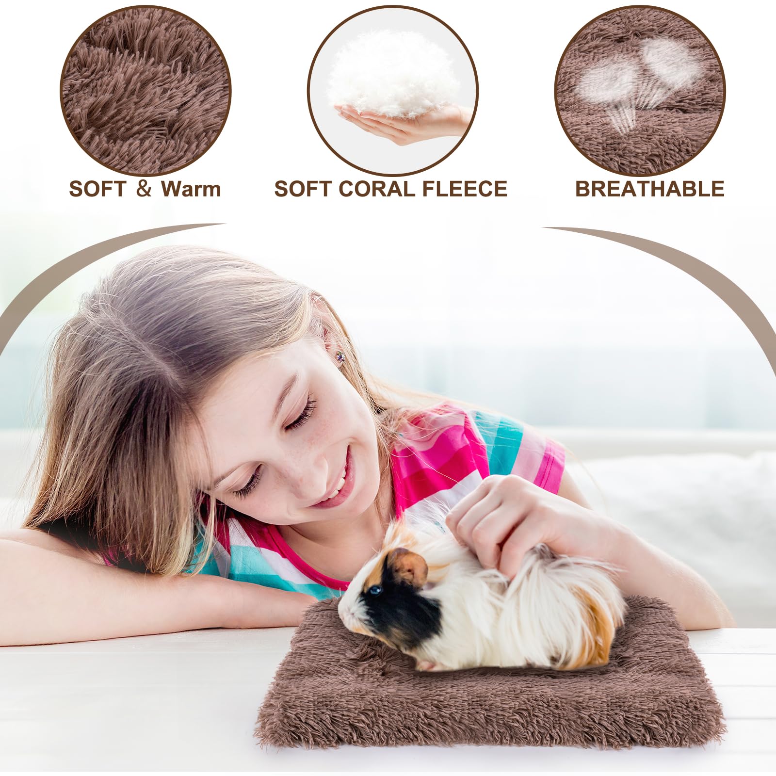 MICOOYO 2 tappetini per piccoli animali domestici, soffice cuccia in pile per conigli, porcellini d'India, scoiattoli e criceti (grigio, marrone, 49 x 32 cm)
