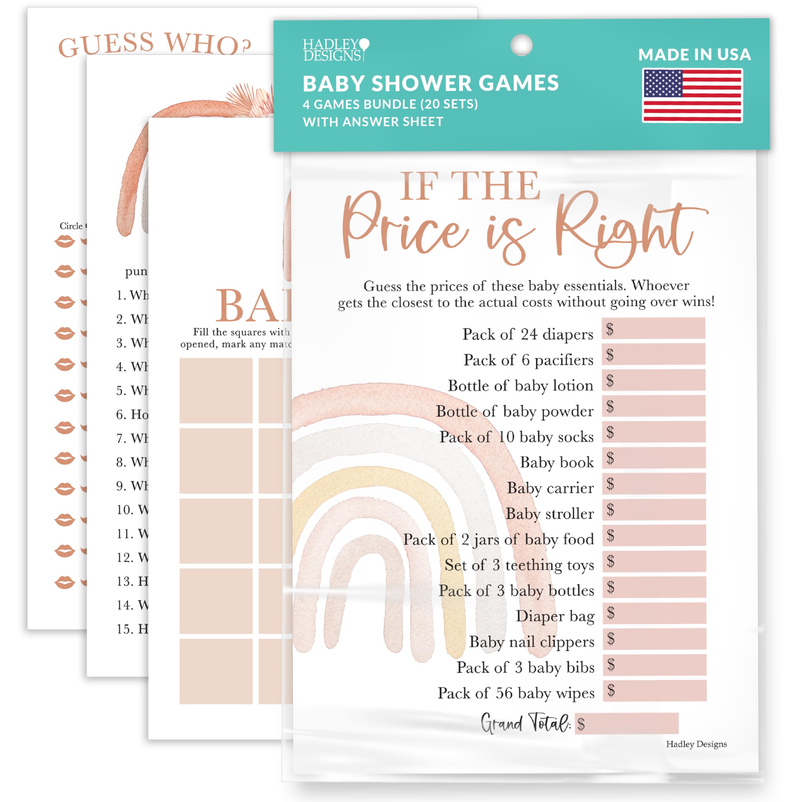 Hadley Designs 40 Boho Baby Shower Games for Girl Bingo Game Girl, Guess Who Mommy Or Daddy Baby Shower Game, The Price is Right