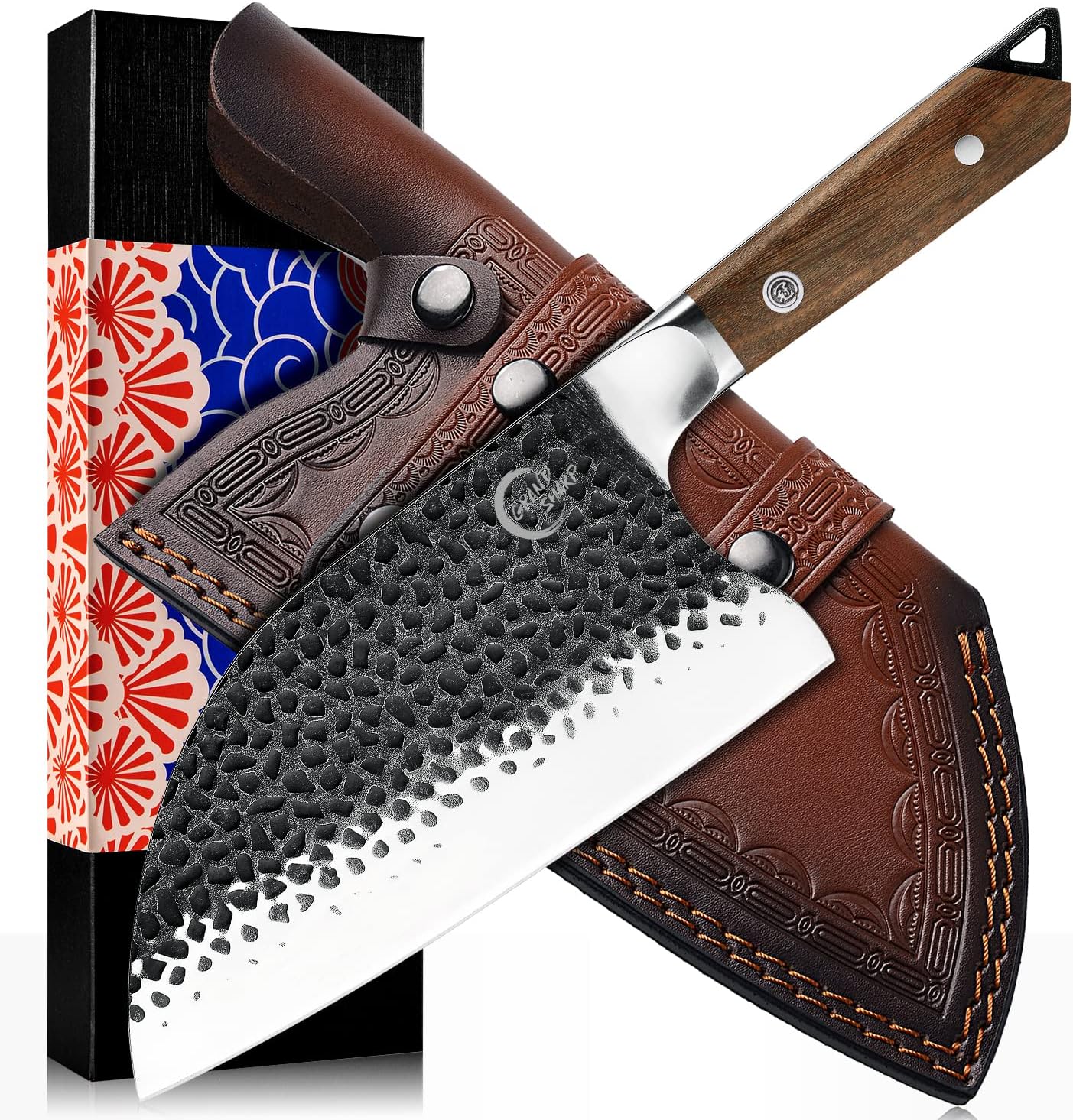 [Full Tang]Butcher Knife Handmade Forged Kitchen Chef Knife Grandsharp Pro Razor Sharp Serbian Clad Steel Meat Vegetable Chopping Cutting Cleaver with Leather Knife Sheath
