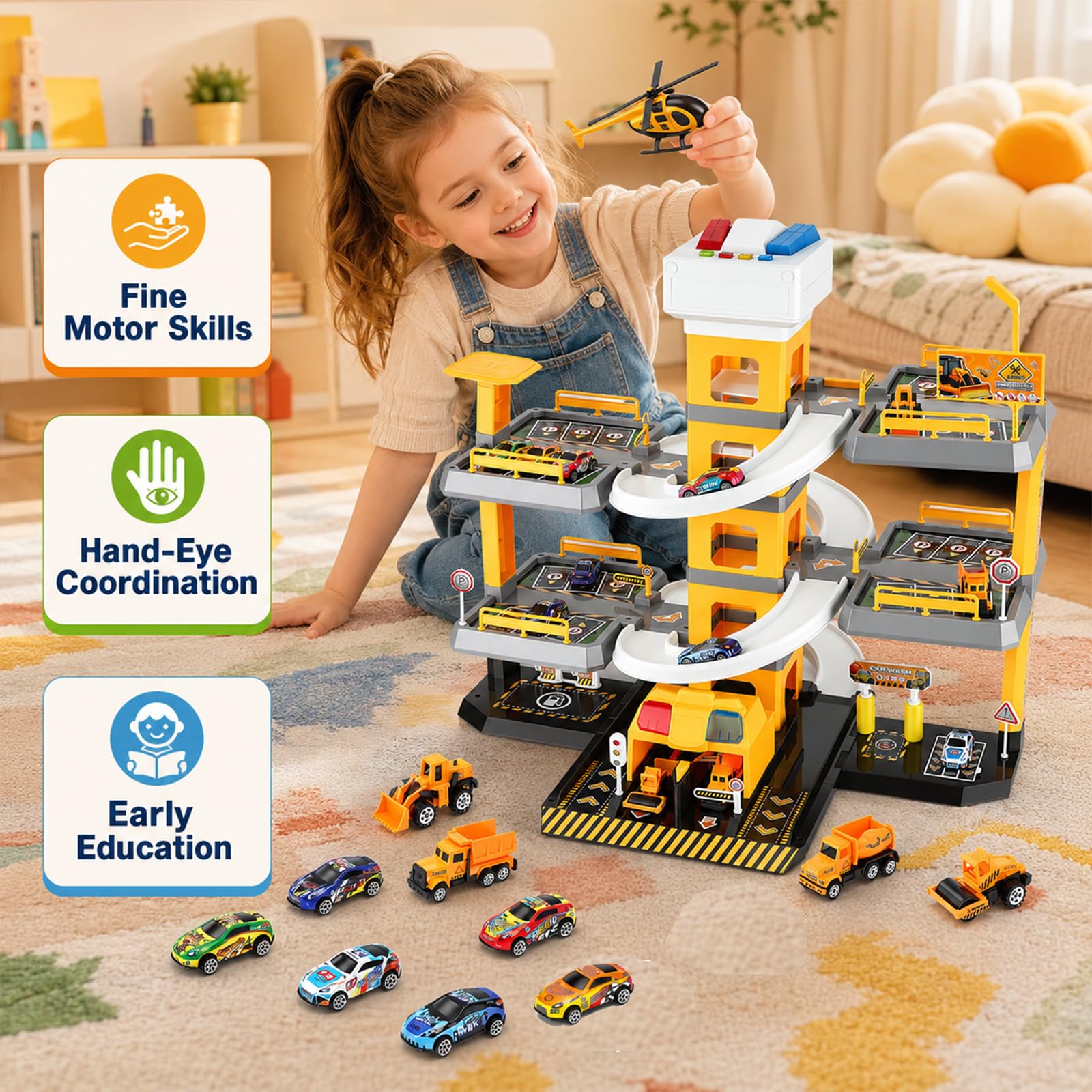 Parcheggio per bambini, 5 piani, con 14 auto e 1 elicottero, parcheggio per bambini con ascensore, luce e suono, regalo per bambini dai 5 ai 9 anni
