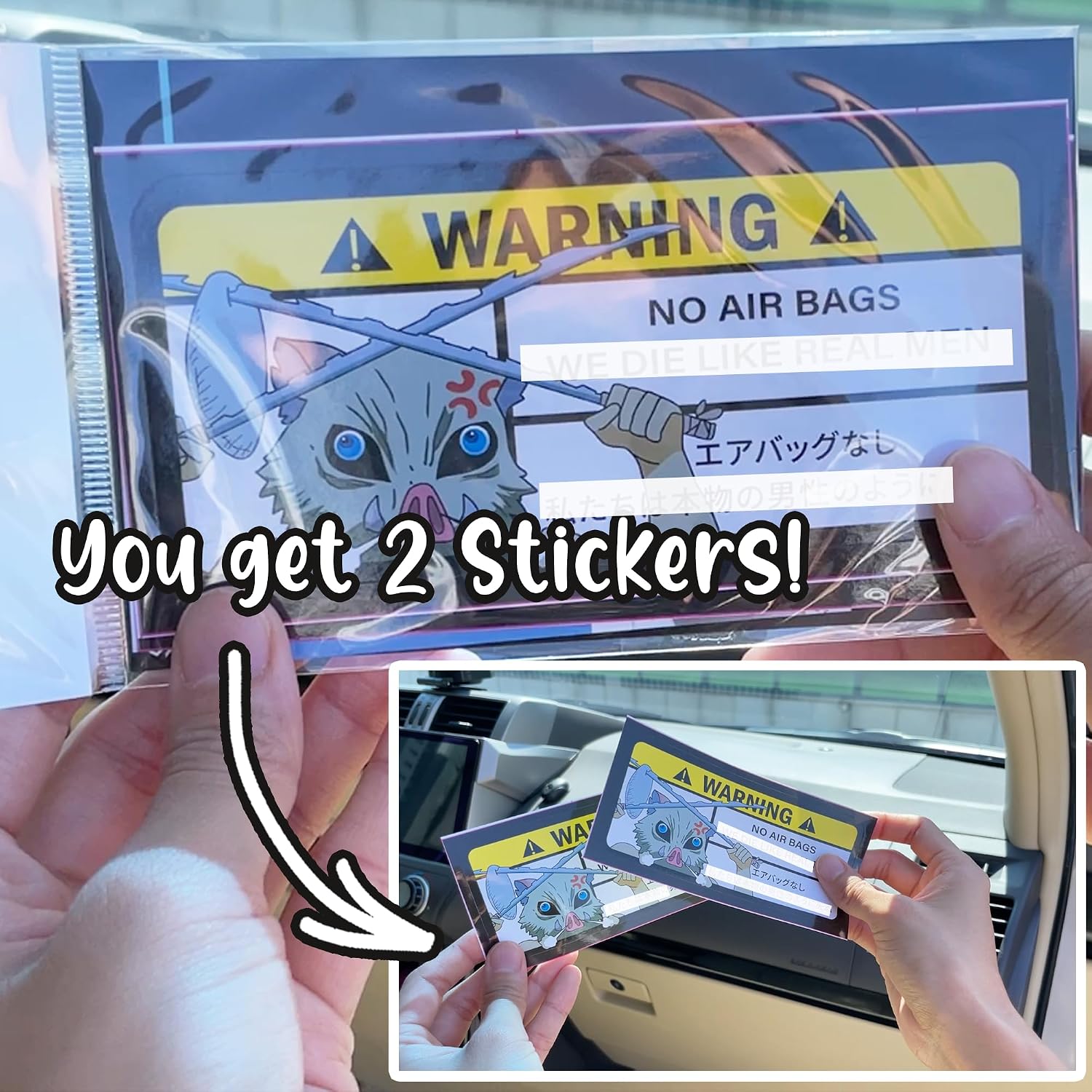 GRITKULTURE 5.1 inch Anime Inosuke We Die Like Real Men! Warning Cartoon Stickers 2 Pack for Demon Slayer Fandom JDM Window Wall Stickers Vehicle Dash Bumper Warning for Meme Funny Decal Laugh