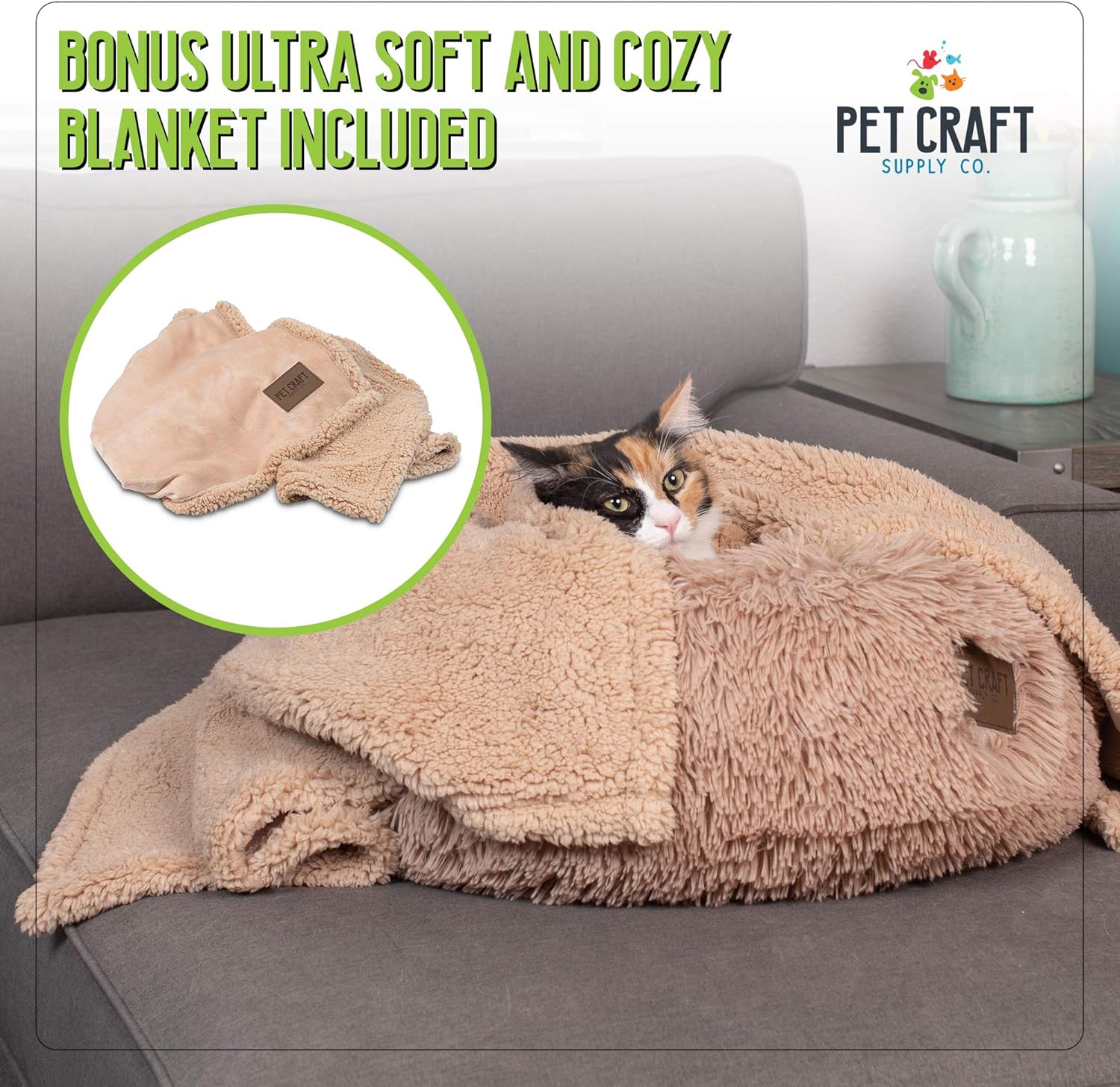 Pet Craft Supply Ultra Plush Calming Anti-Anxiety Pet Bed - Includes Super Soft Comfort Blanket - Great Medium Dog Bed Small Dog and Cat Bed;Cream