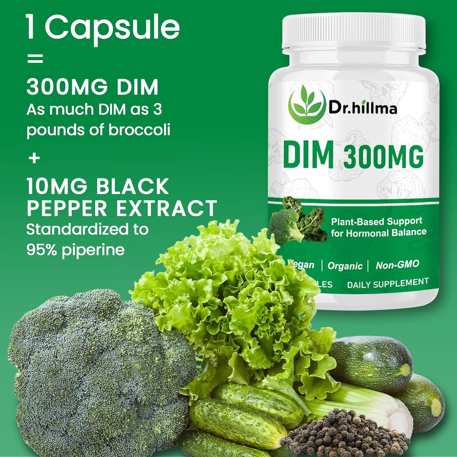 DIM Supplement 300mg, Hormone Balance for Women & Men, Estrogen Metabolism & Menopause Support, Antioxidant Support, Diindolylmethane with Black Pepper Extract, Non-GMO Vegan Capsules, 60 Count