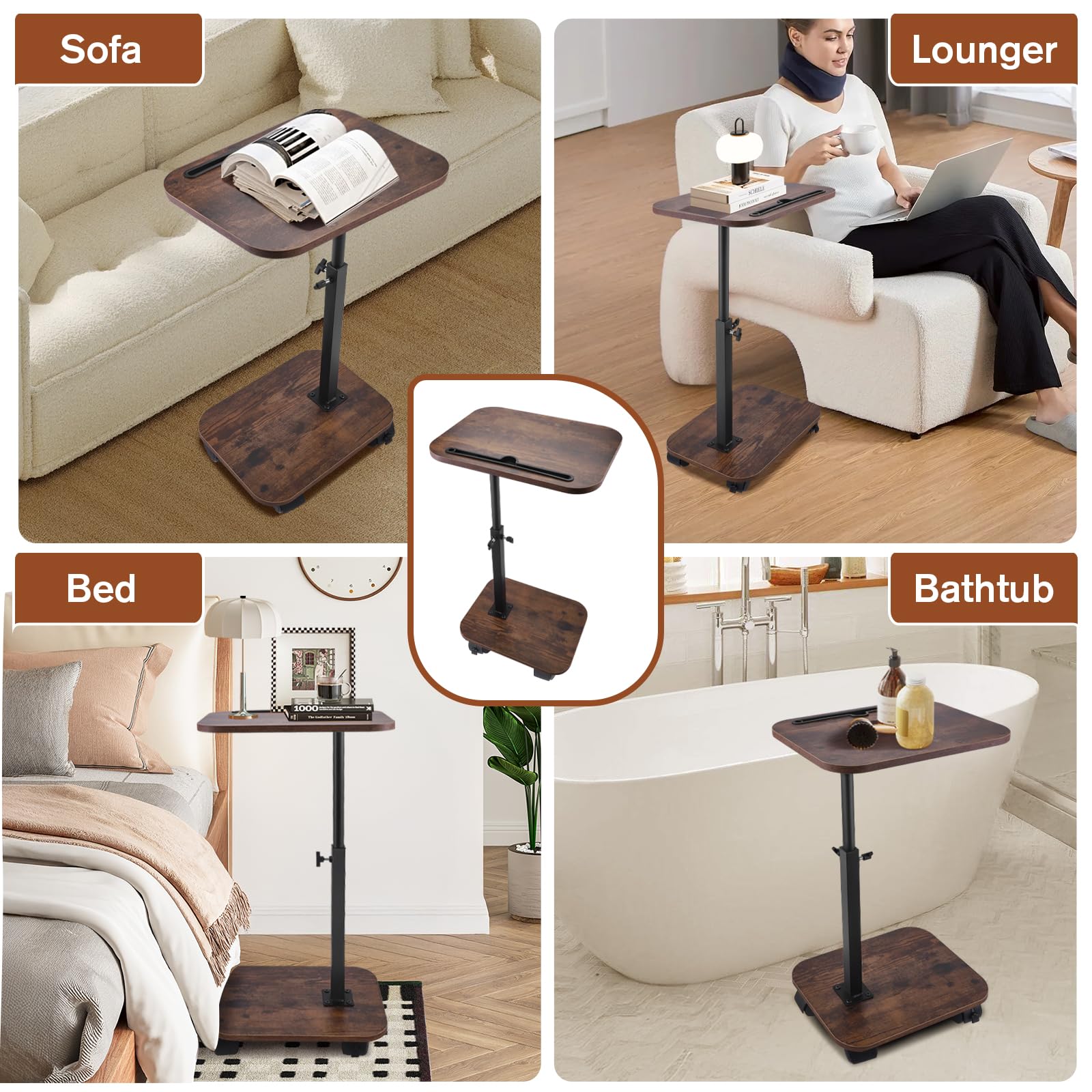 Tavolini a Forma Di C, Tavolino Regolabile in Altezza con Ruote, Girevole a 360° con Slot per Telefono e Tablet, Tavolino da Divano per Soggiorno e Camera da Letto