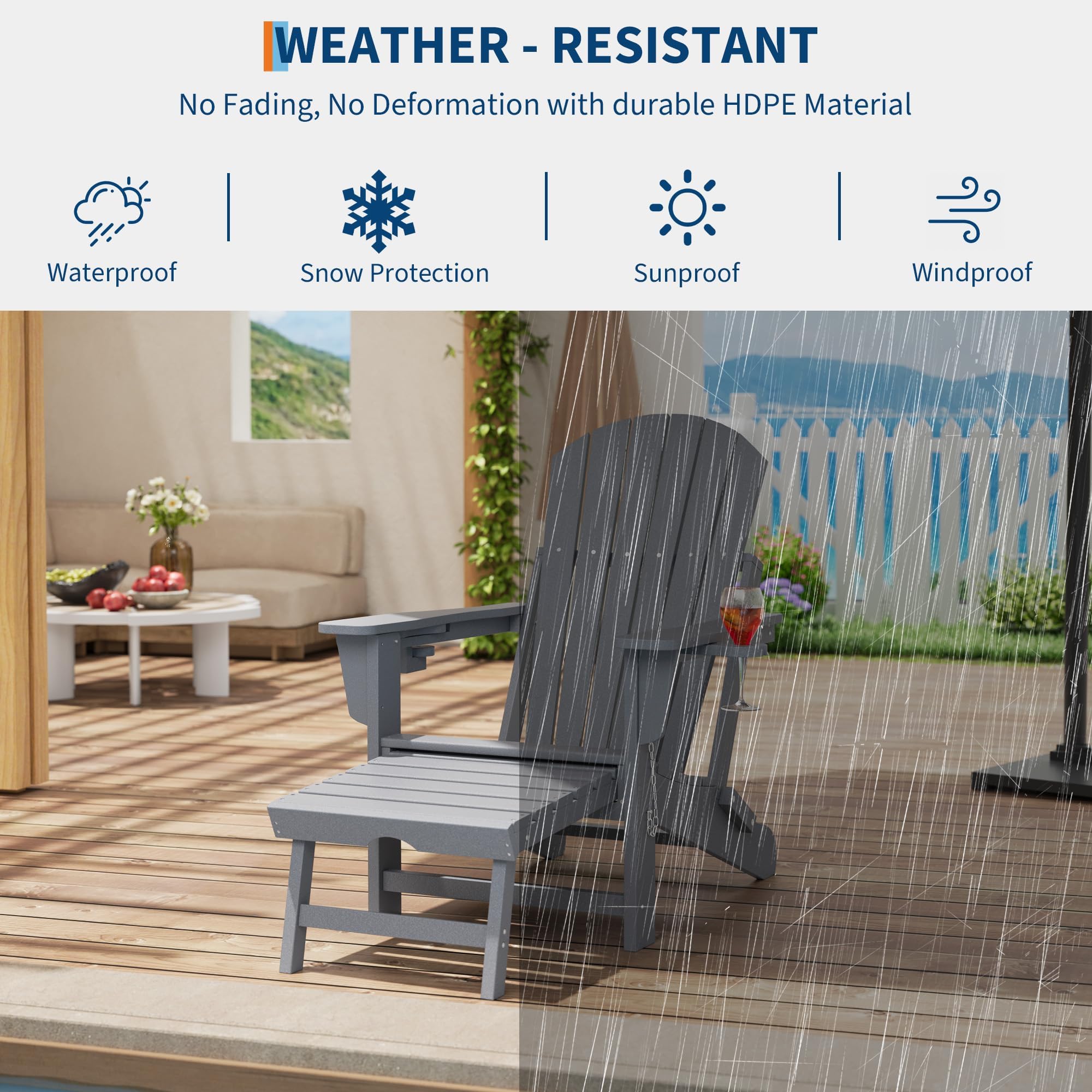 GarveeTech Silla Mecedora Adirondack Plegable para Patio y jardín - Reposapiés y 2 portavasos retráctiles - HDPE Resistente al Clima - Ideal para terraza y Porche - Color: Gris