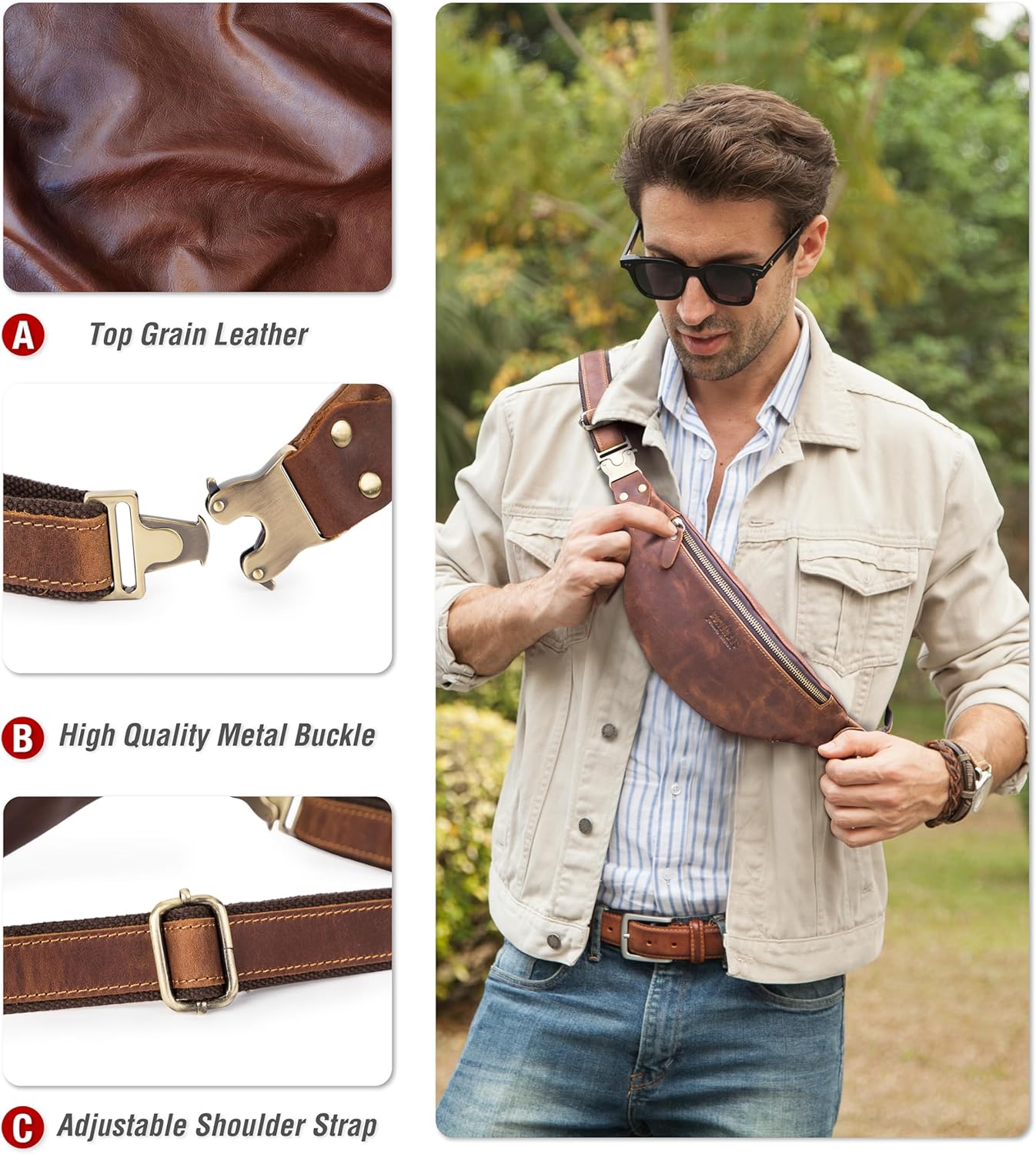 Top Grain Genuine Leather Slim Waist Pack for Man & Woman, Minimalist Vintage Design, Handmade with Detachable Hardware, Slim Fanny Pack Small Crossbody Belt Bag for Traveling or Riding, Coffee - Image 5