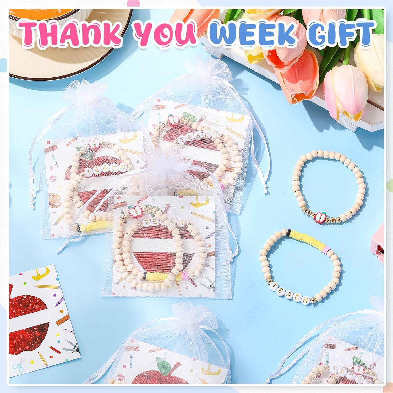 Cunno 12 Sets Christmas Teacher Appreciation Gifts Thank You Teacher Gifts Apple Shaped Bracelets Wooden Beaded Bracelets Set with Card for Women Men Jewelry - Image 3