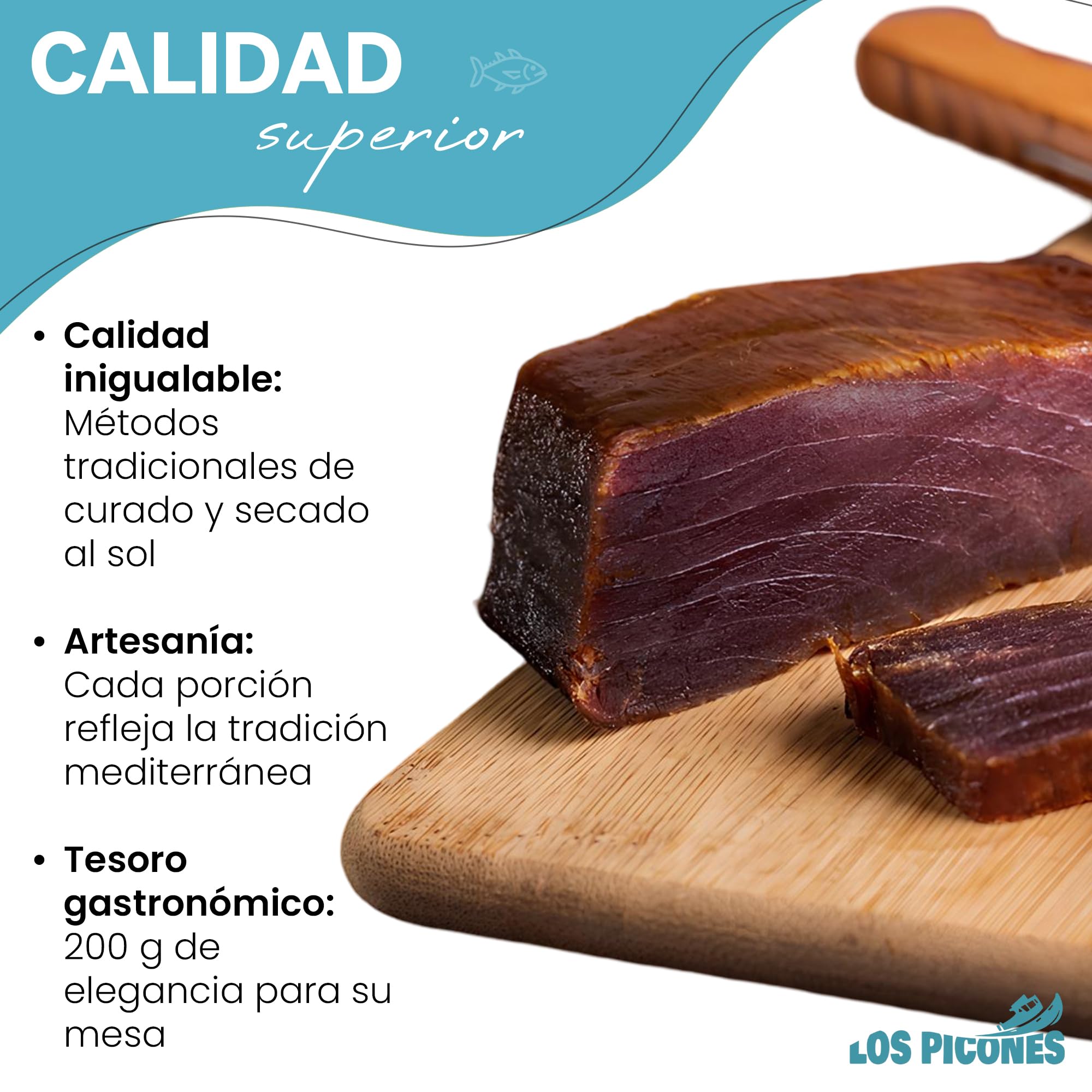 Los Picones Gourmet® Mojama de Atún Extra I Delicia Mediterránea I Textura Firme I Sabor Intenso I Especialidad Española I Ideal para Aperitivos y Ensaladas I 200 gramos aprox.