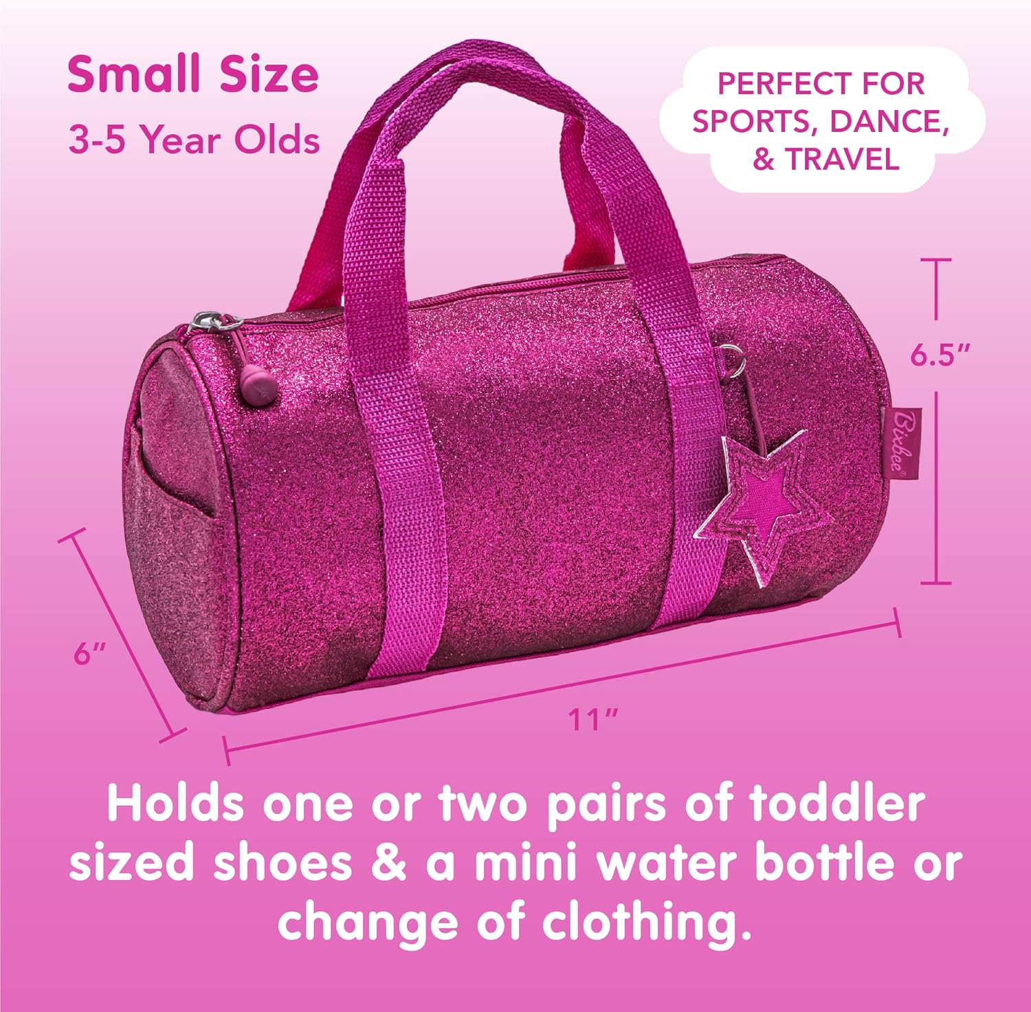 Bixbee Kids Duffle Bag, Dance Bag & Travel Bag for Sports, Gymnastics and Ballet with Adjustable Strap, Zippers, Pockets, and Flake-Resistant Glitter - Overnight Bag in Ruby Raspberry. - Image 7