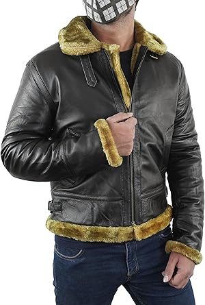 Mens B3 Bomber Leather Jacket Shearling Aviator Flight Coat Vintage RAF Pilot Fur Jacket