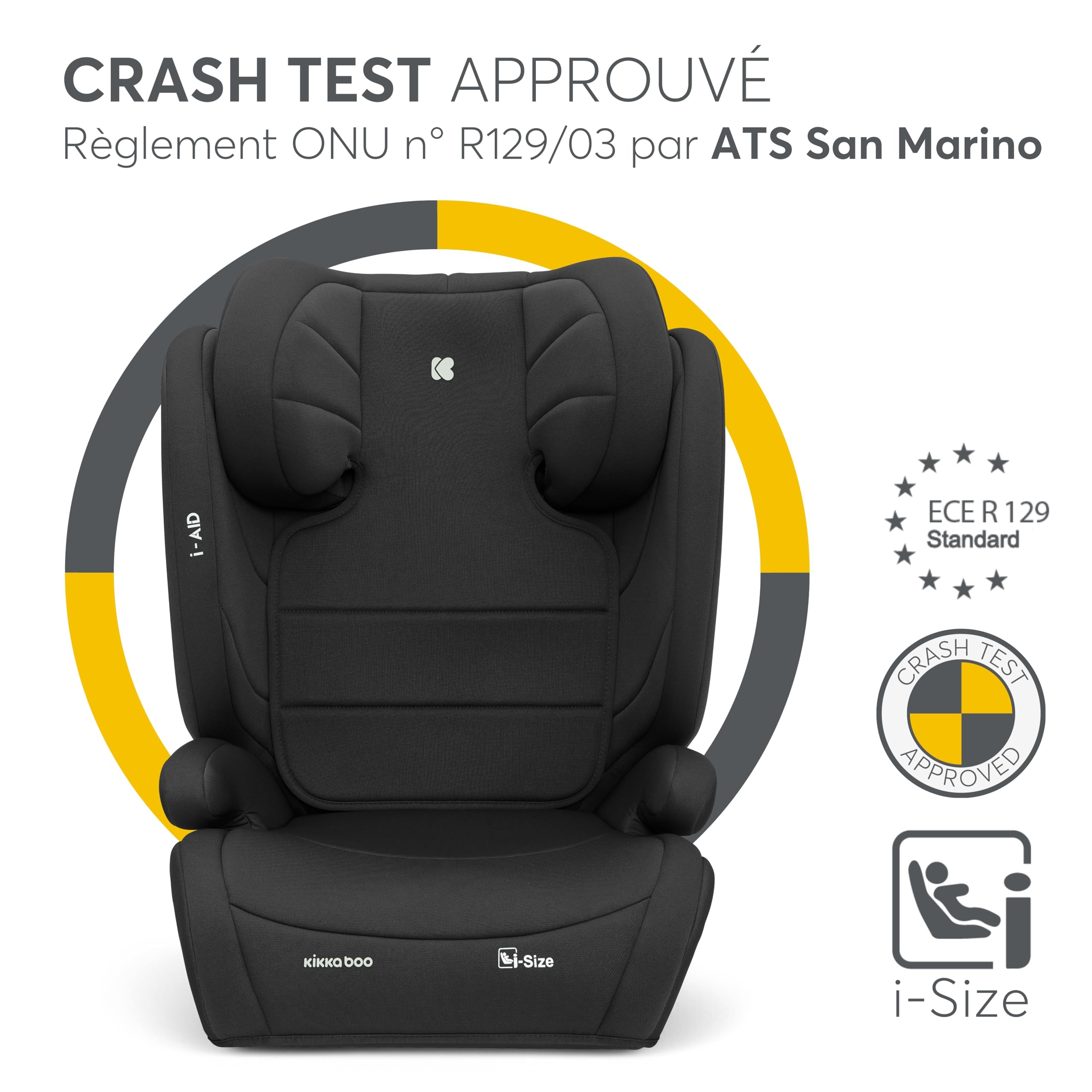 KikkaBoo Siège auto 15 à 36 kg i-AID, Siège Auto Enfant 100-150 cm, Groupe 2/3, Rehausseur à Dossier, Installation Ceinture, Appuie-tête Réglable 13 Positions, i-Size, Housse Lavable, Noir