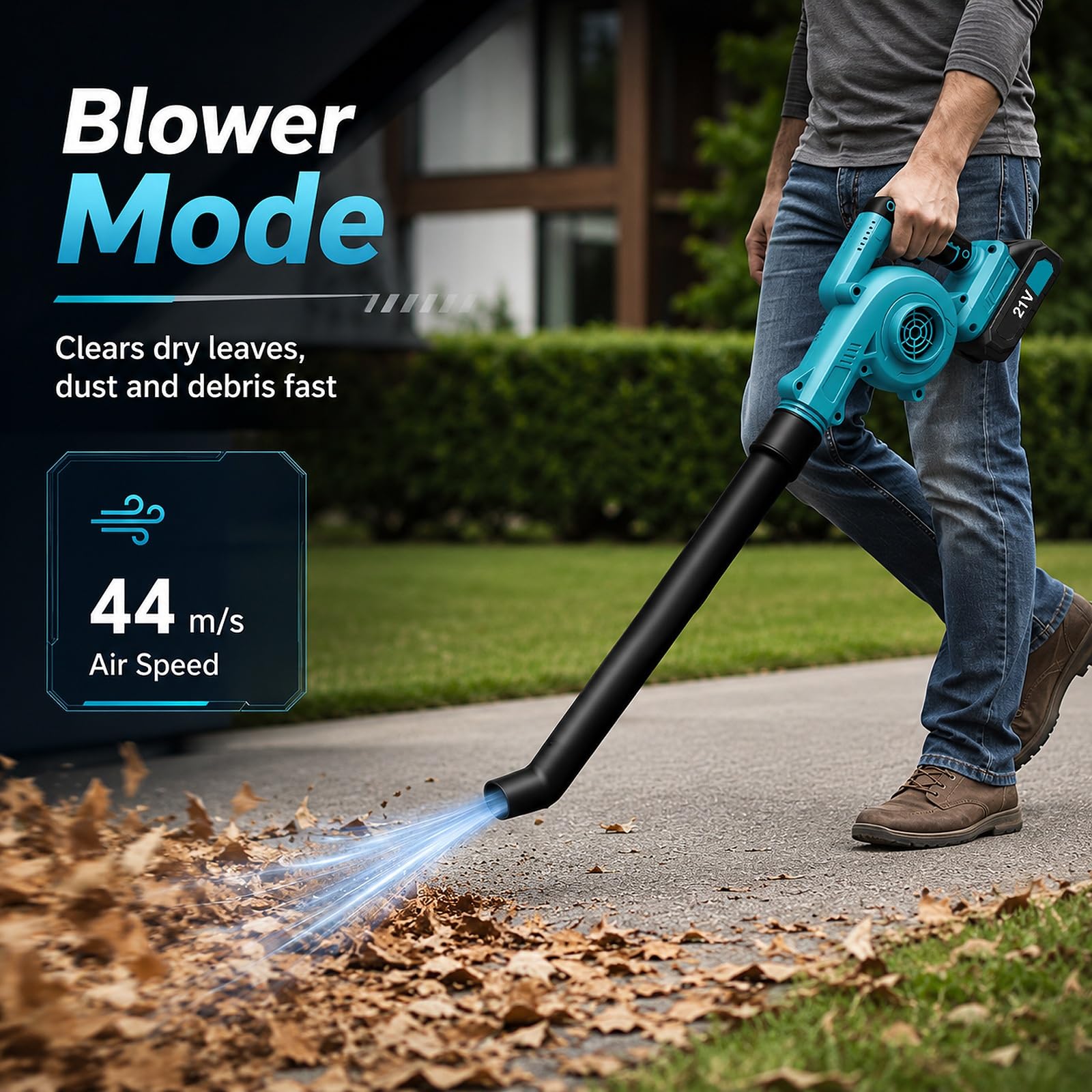 Soplador de hojas inalámbrico, 2 en 1 soplador de batería con función de eliminación de polvo, 2 baterías de 3,0 Ah, 19500 RPM, soplador eléctrico para jardín, terraza, coche