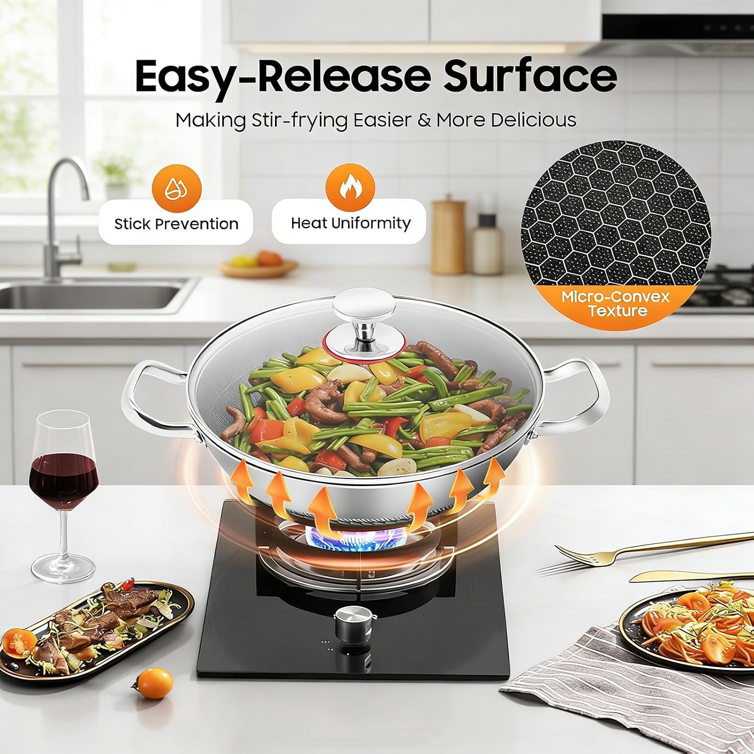 Wok, 14 Inch Hybrid Woks, Honeycomb Stainless Steel Wok, Double Sided Flat Bottom Multipurpose Cooking Pan for Induction & Gas Stoves,with lid,14.2in