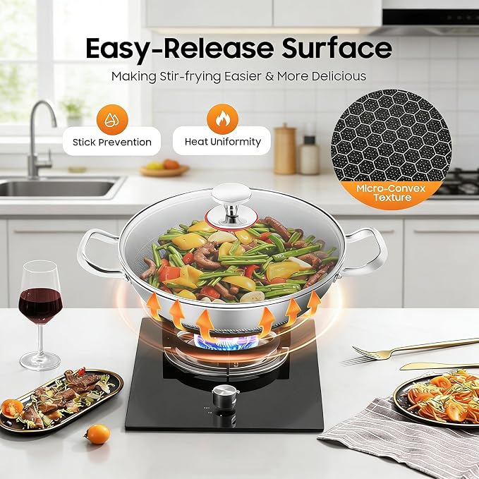 Wok de acero inoxidable con diseño de panal 14.2 pulgadas miniatura 3