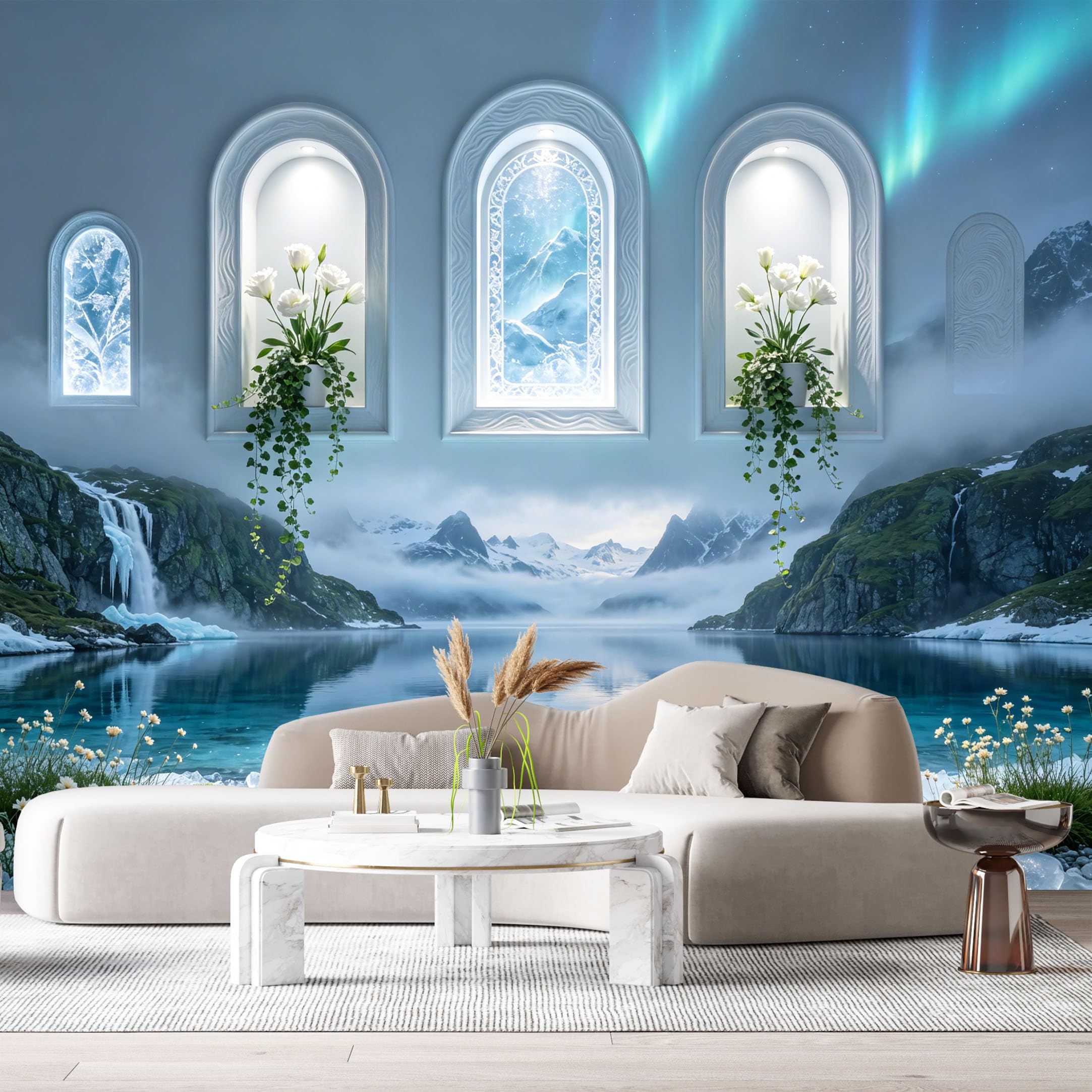 Custom Size Wall Murals Aurora Borealis Mountain Lake Arch Window White Flowers 3D Trompe L'Oeil SelfAdhesive Wall Fabric Removable Large Wallpaper for Photo Living Room