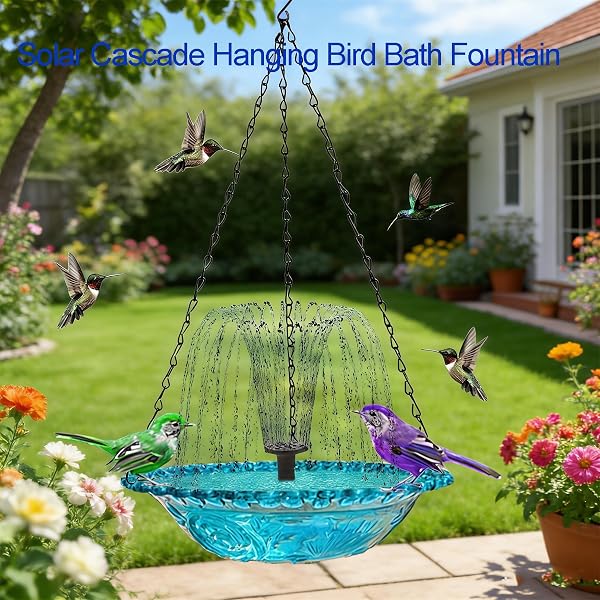 Solar Cascade Hanging Bird Bath Fountain, 2026 New Outdoor Hanging Bird bath with Solar Pump and Glass Bowl, Hummingbird Birdbath Water Fountain for Garden, Patio, Porch (Blue) - 2