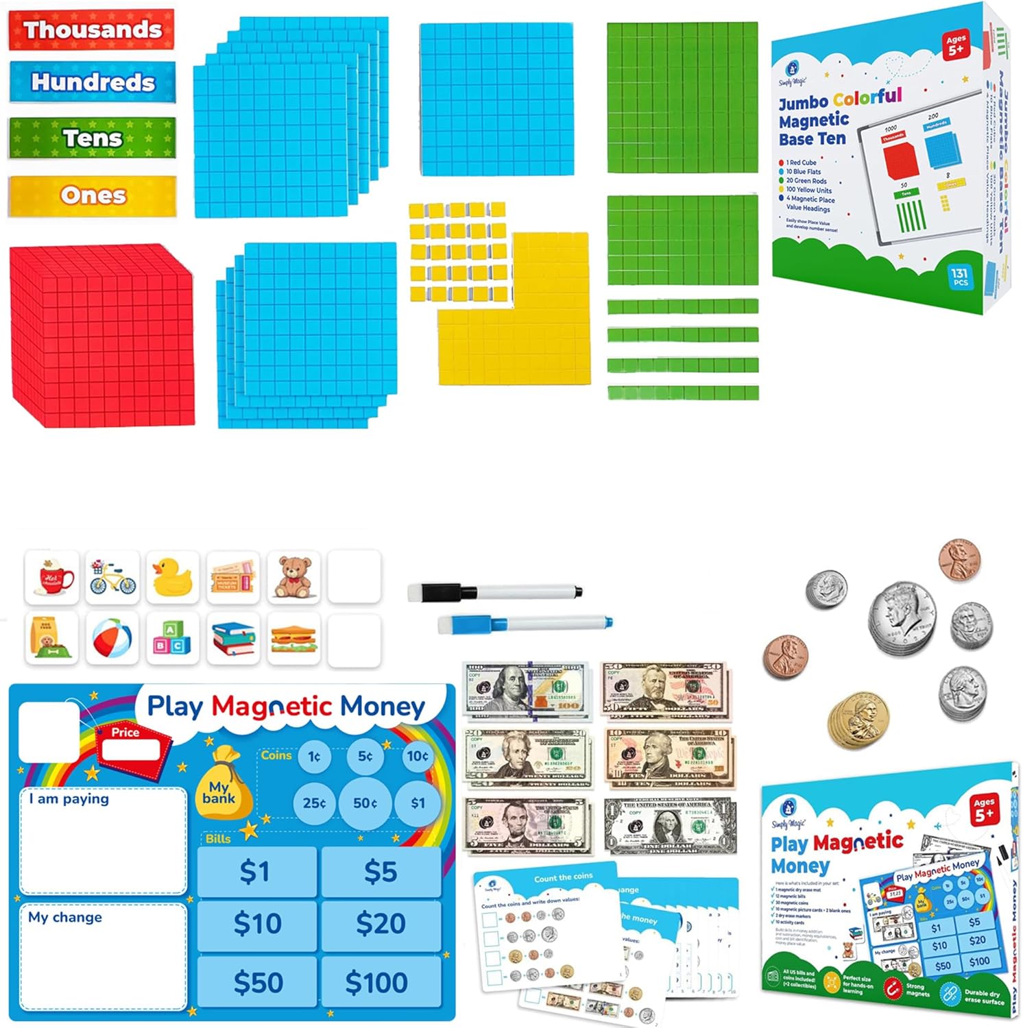 Simply magic 67 PCS Play Money for Teaching & 131+4 PCS Jumbo Colorful Magnetic Base Ten Blocks