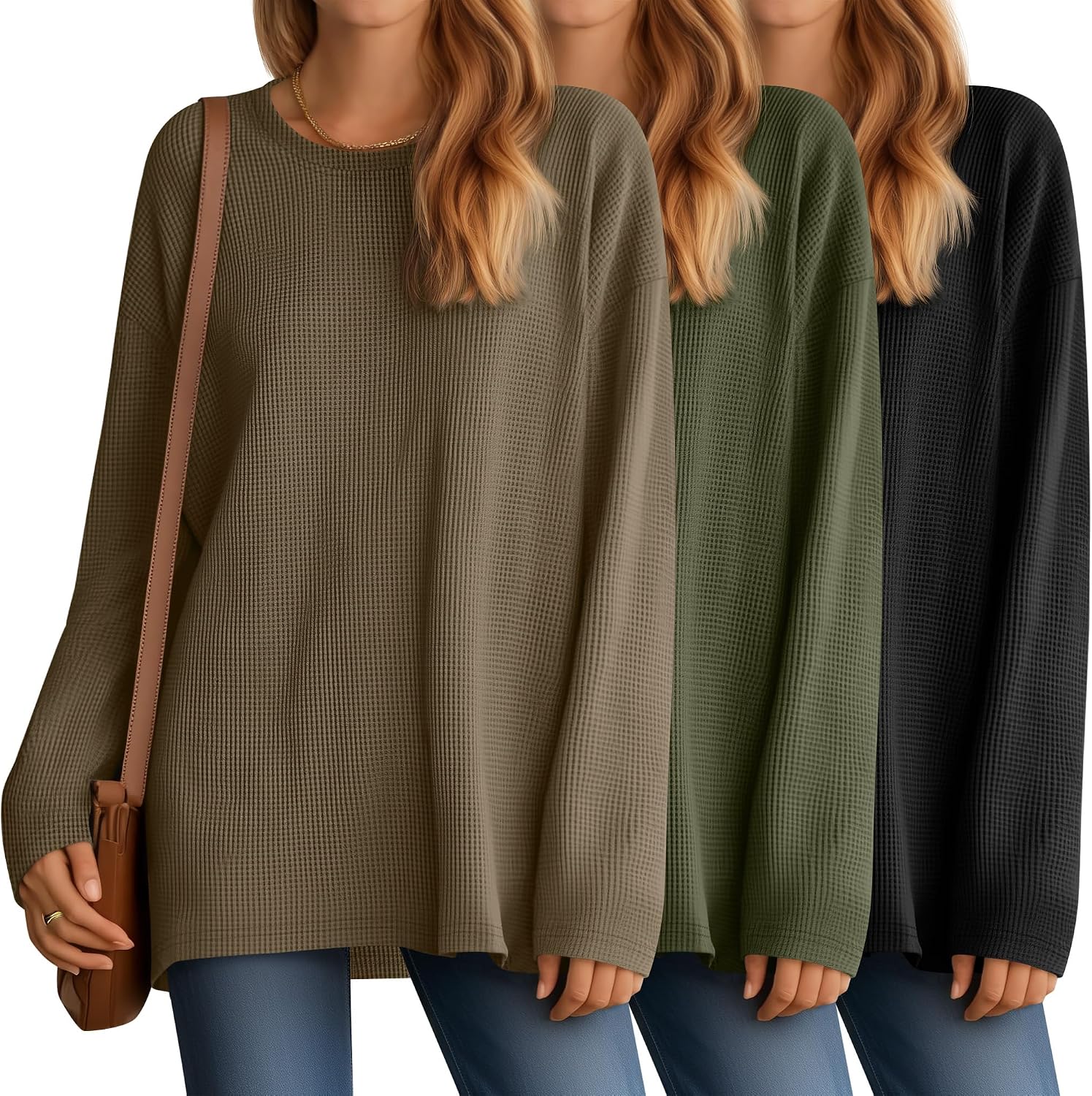 3 Pack Women Waffle Knit Oversized Long Sleeve Shirts Drop Shoulder Tops Crewneck Pullover Casual Fall Tees