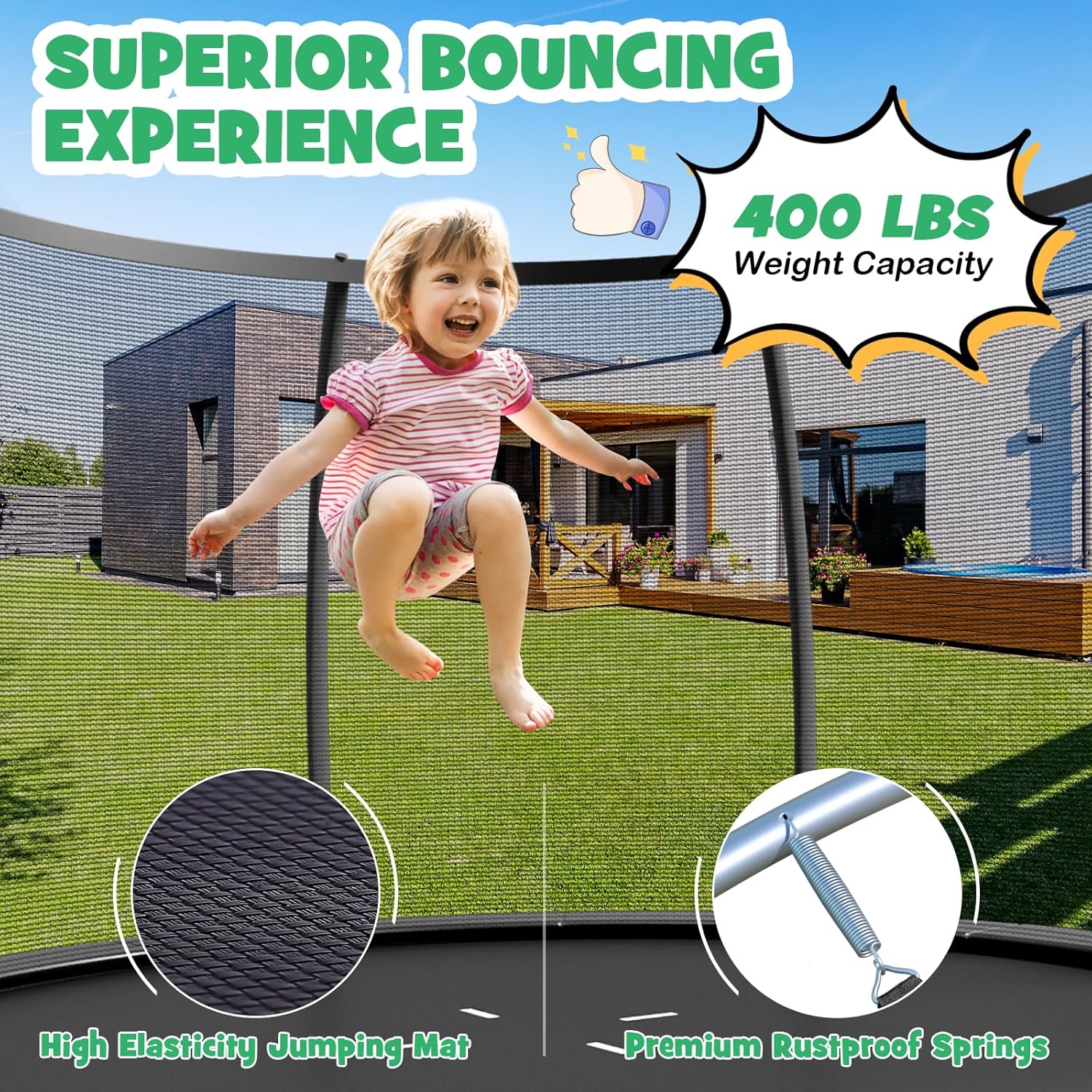 Goplus Outdoor Trampolines 8FT 10FT 12FT, 400LBS Bearing Recreational Trampolines with Enclosure Net, Non-Slip Ladder, Hot-dip Galvanized Technology, ASTM Approved Trampoline for Kids Adults