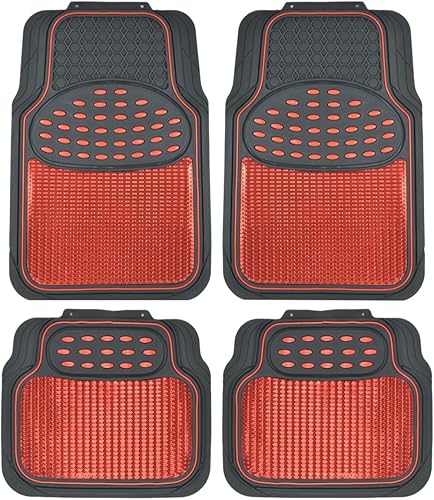 Tapetes de caucho metálicos BDK para automóvil, SUV y camión - Protección resistente semiajustable de 2 colores, RojoNegro