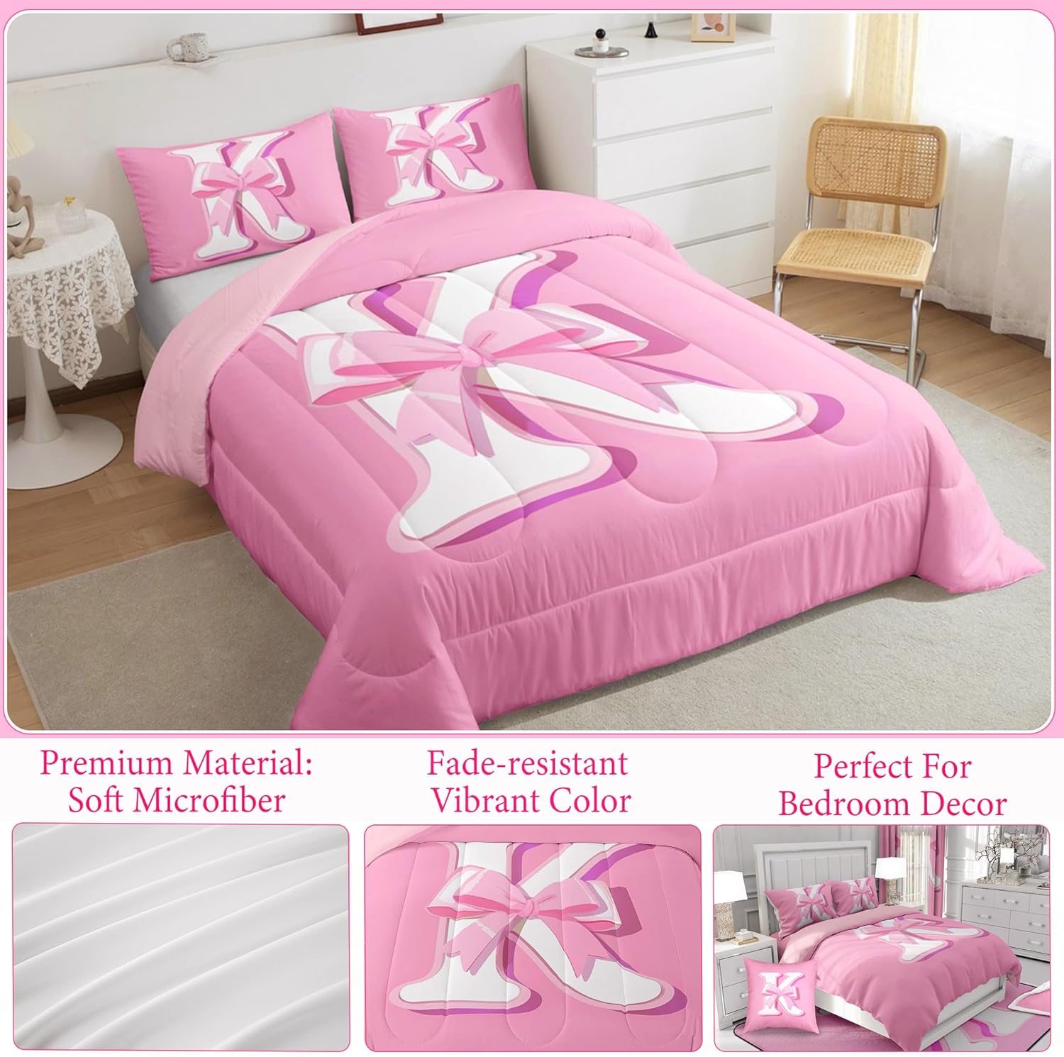jejeloiu Pink Bowknot Bedding Set, Full Size, Decor Gifts for Women Teen Girl Ultra Soft Initial Letter K Bedding Set, Girly Romantic Comforter,Duvet Set Room Decor Quilt Set - Image 4