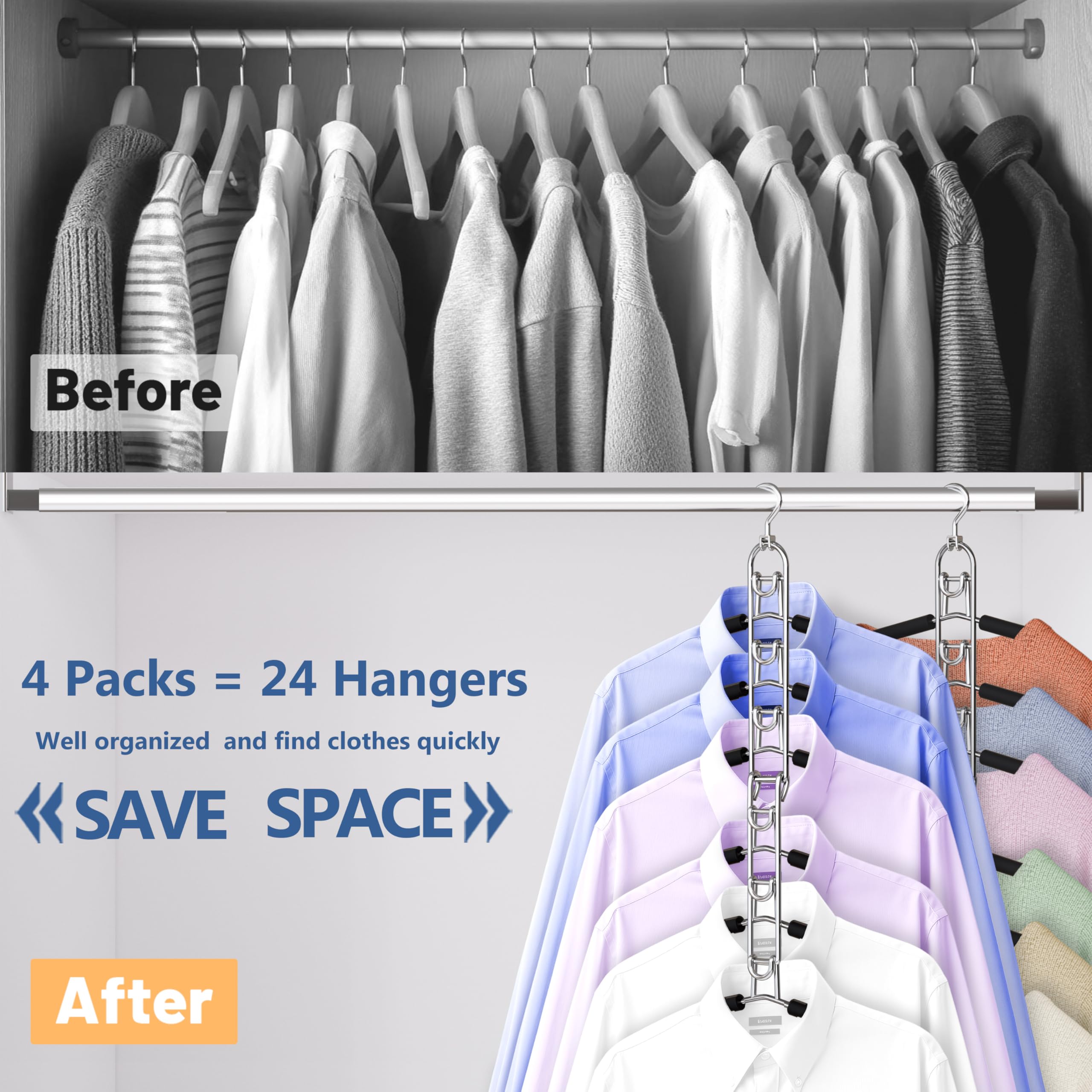 Kleiderbügel, platzsparend, stapelbar, 6 Ebenen, faltbar, rutschfest, mit 360° drehbarem Haken für Schrank-Organizer und zur Aufbewahrung von Hemden, Pullovern, Anzügen, 4 Stück
