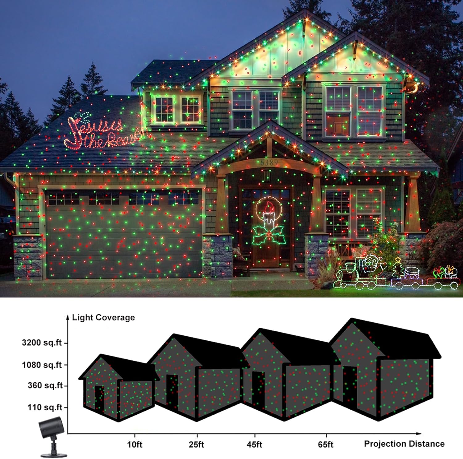Laser Christmas Projector Lights Outdoor Indoor, Red and Green Laser Projector with Remote Control, Waterproof Holiday Laser Projector Decor for House, Garden, Party, Wall.