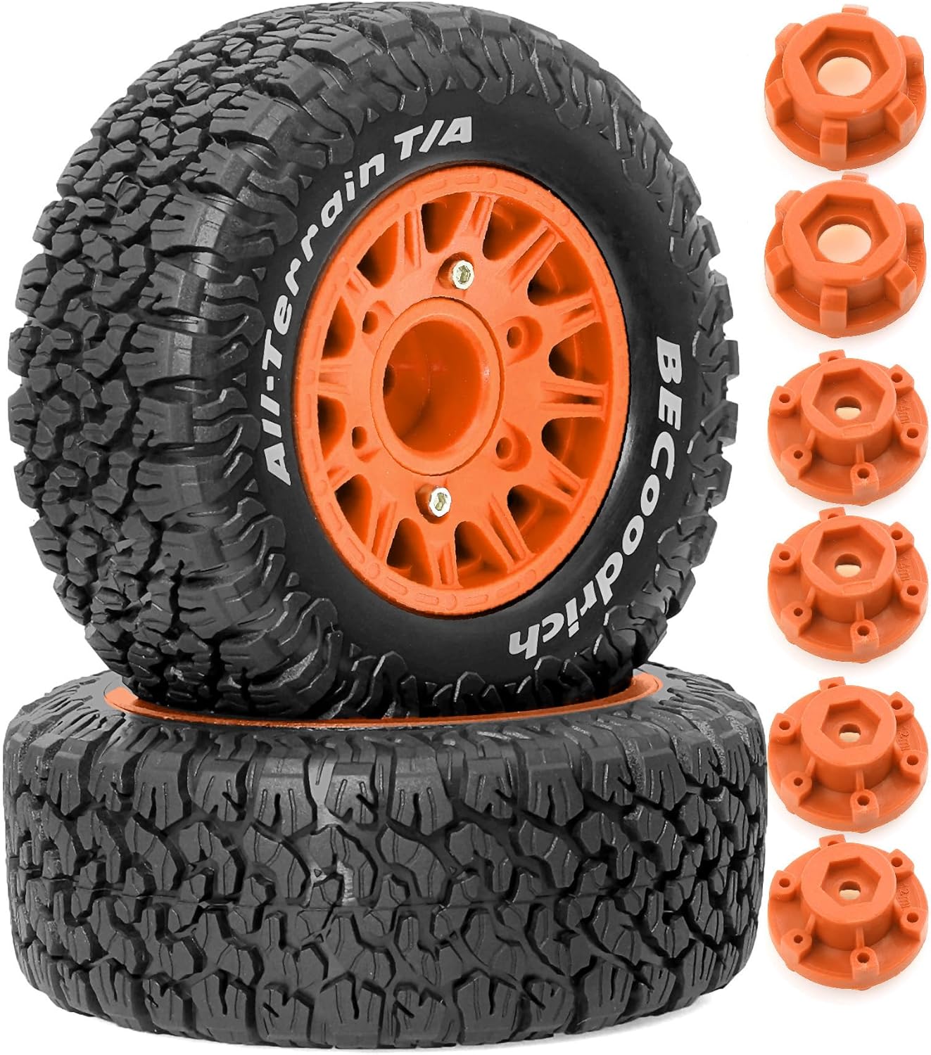 1/10 1/8 RC Short Course Truck Tires OD 113mm and Wheels 12mm 14mm 17mm Hex for 1:8 1:10 Scale Off Road Truck Car Traxxas Slash 2WD 4×4 Axial Losi Redcat Rc4wd Arrma Senton 4PCS (Orange)