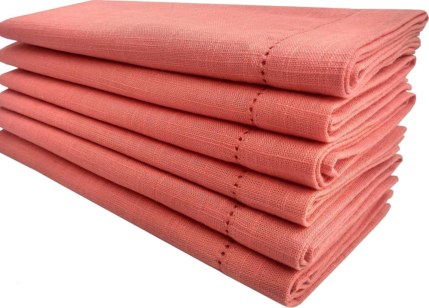 Slub Cotton Dinner Napkins – Coral Color, 18x18 Inch, Mitered Corner & Hemstitched Detailing – Soft, Washable, Reusable Cloth Napkins – Set of 6 for Dining, Weddings & Special Occasions