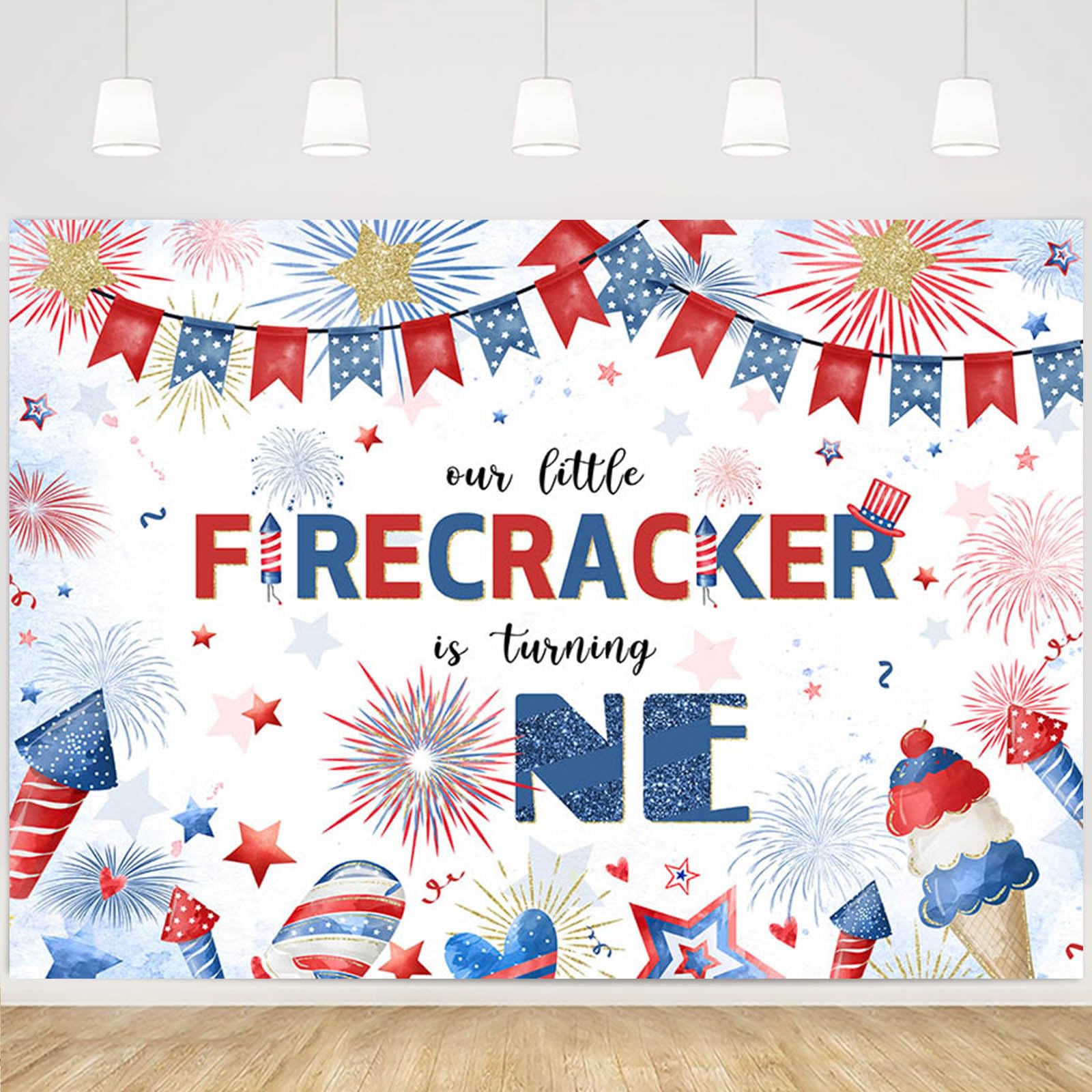 MEHOFOND 4th of July 1st Birthday Backdrop Our Little Firecracker is Turning One Photography Background Independence Day Party Banner Firecracker