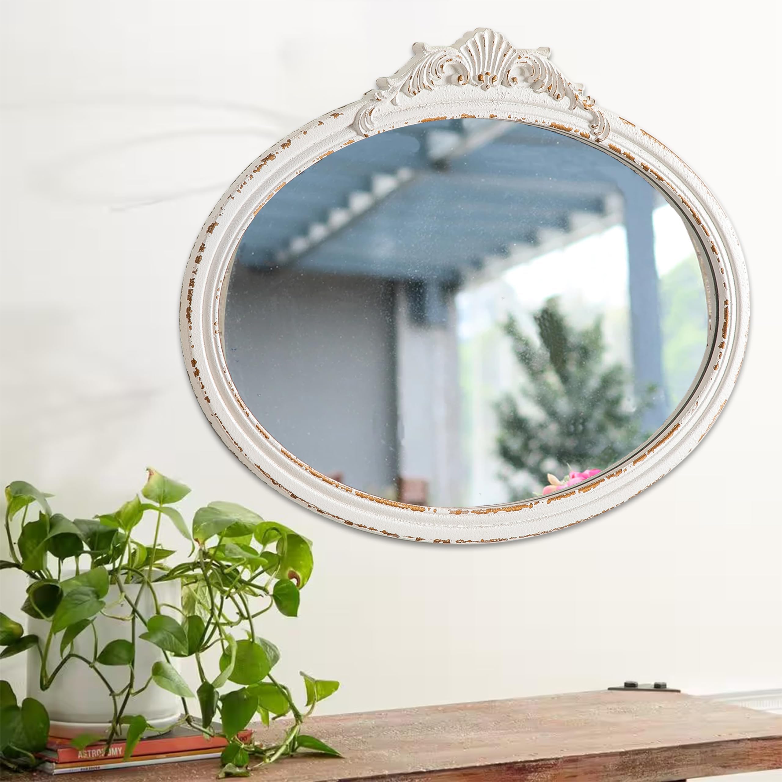 Espejos de baño ovalados vintage para fregadero de 24 x 18 pulgadas, espejos antiguos Arendahl para colgar en la pared, espejos barrocos de madera blanca envejecida horizontal para sala de