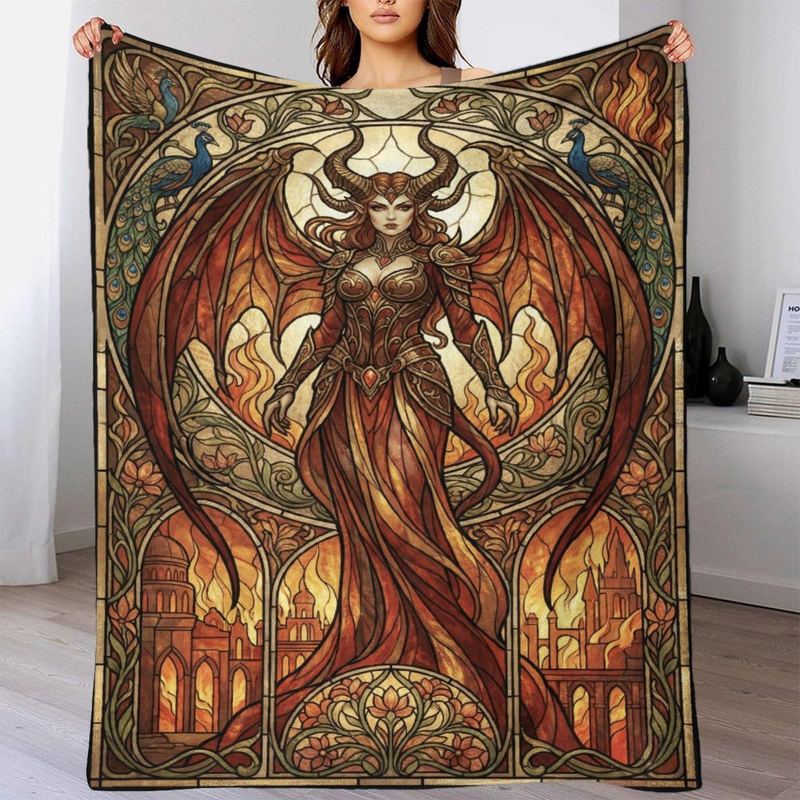 W7C8U2X3 Art Nouveau Mucha Demon Flannel Throw Blanket, Bedroom Sofa Couch