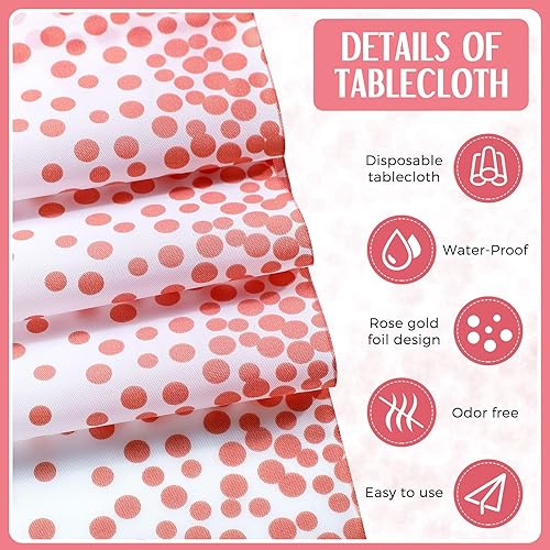 Miniatura 3 de Tudomro Juego de 16 manteles de plástico desechables de color blanco y oro rosa y camino de mesa de satén de 54 x 108 pulgadas, manteles de 12 x 108