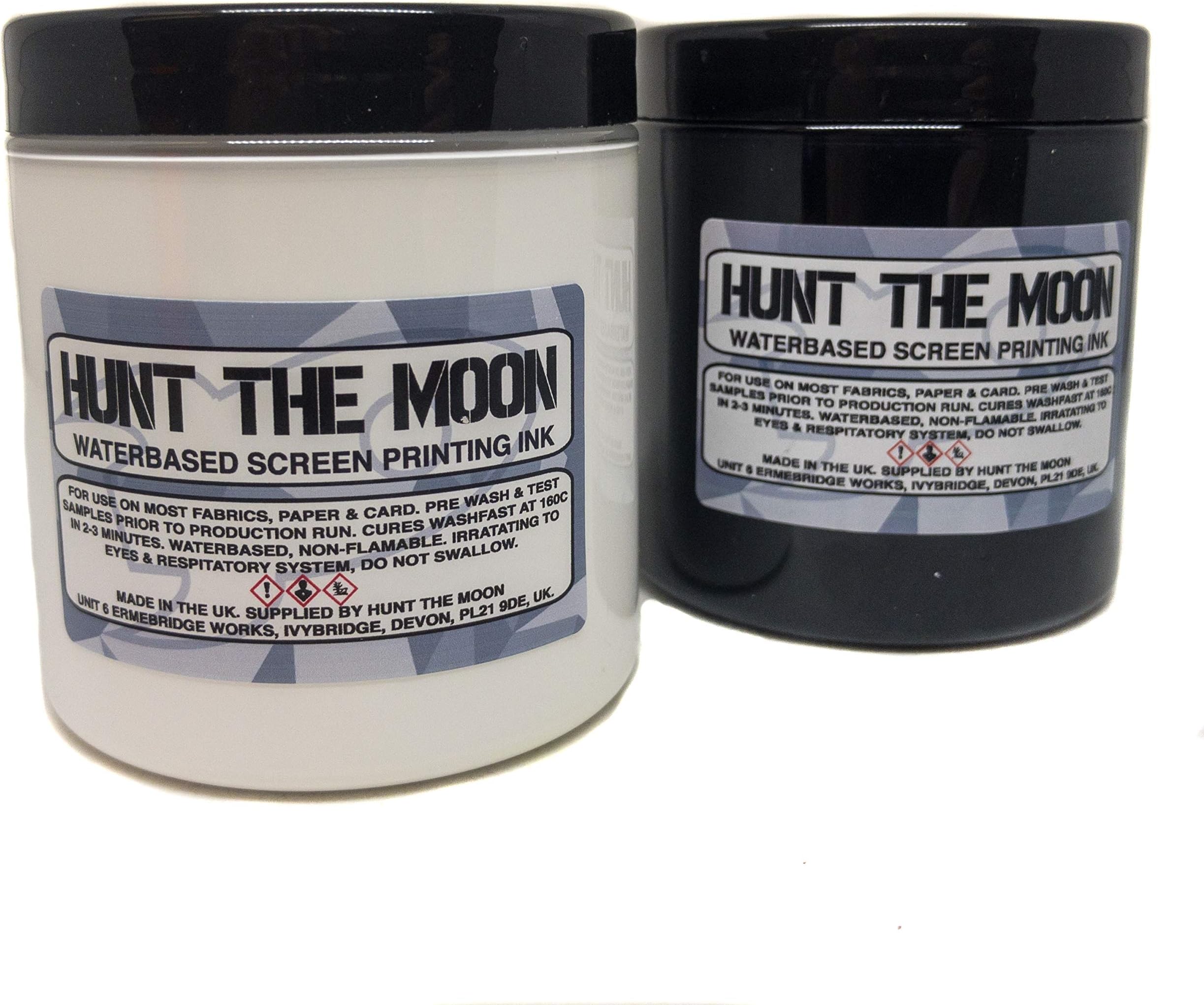 Hunt The Moon Screen Printing Waterbased Ink for Fabric Paper & Card - 2X 240ml - Black & White Set/Kit