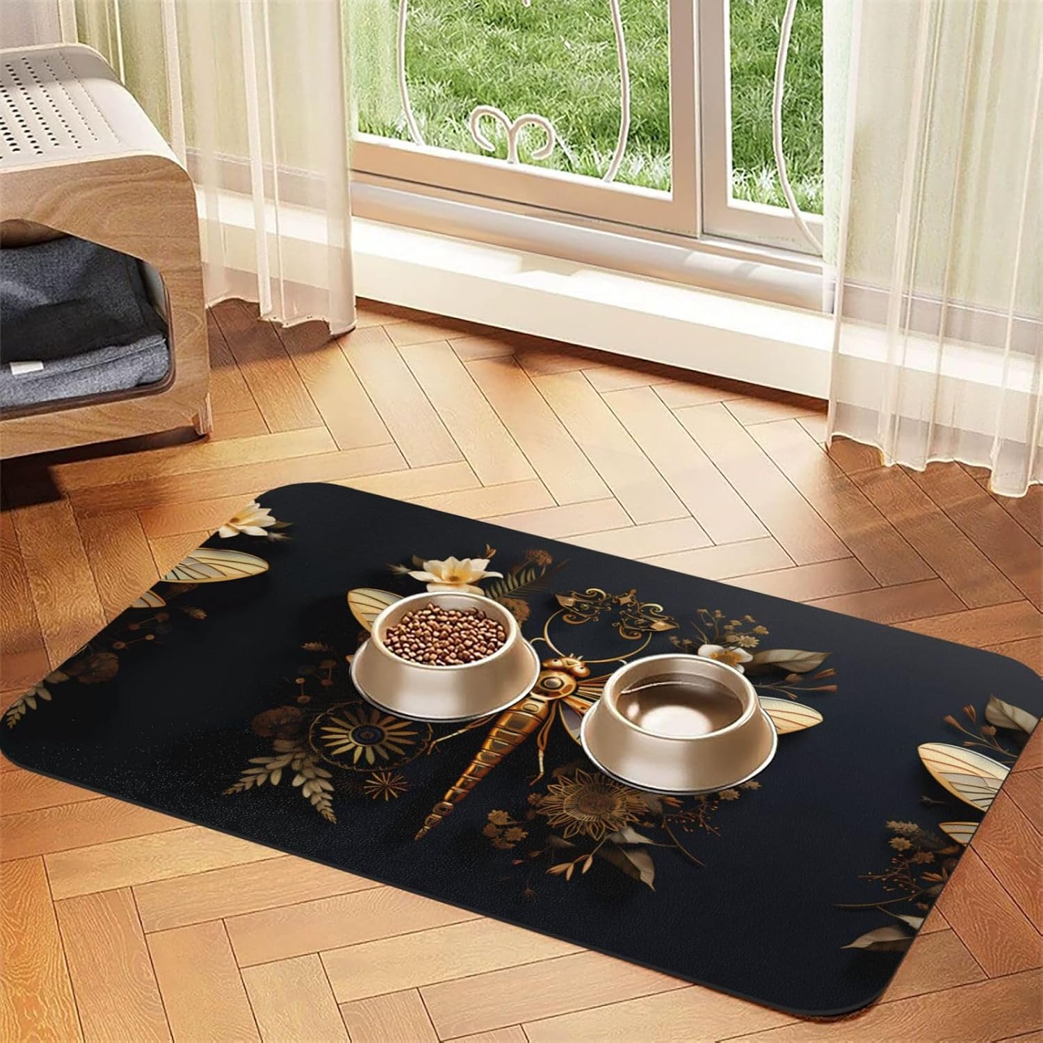30x45cm Gold Exquisite Dragonfly Print Pet Absorbent Feeding Mat - Quick Dry Food Pad/Leather Placemat, for Dog Cat Food Bowl Water