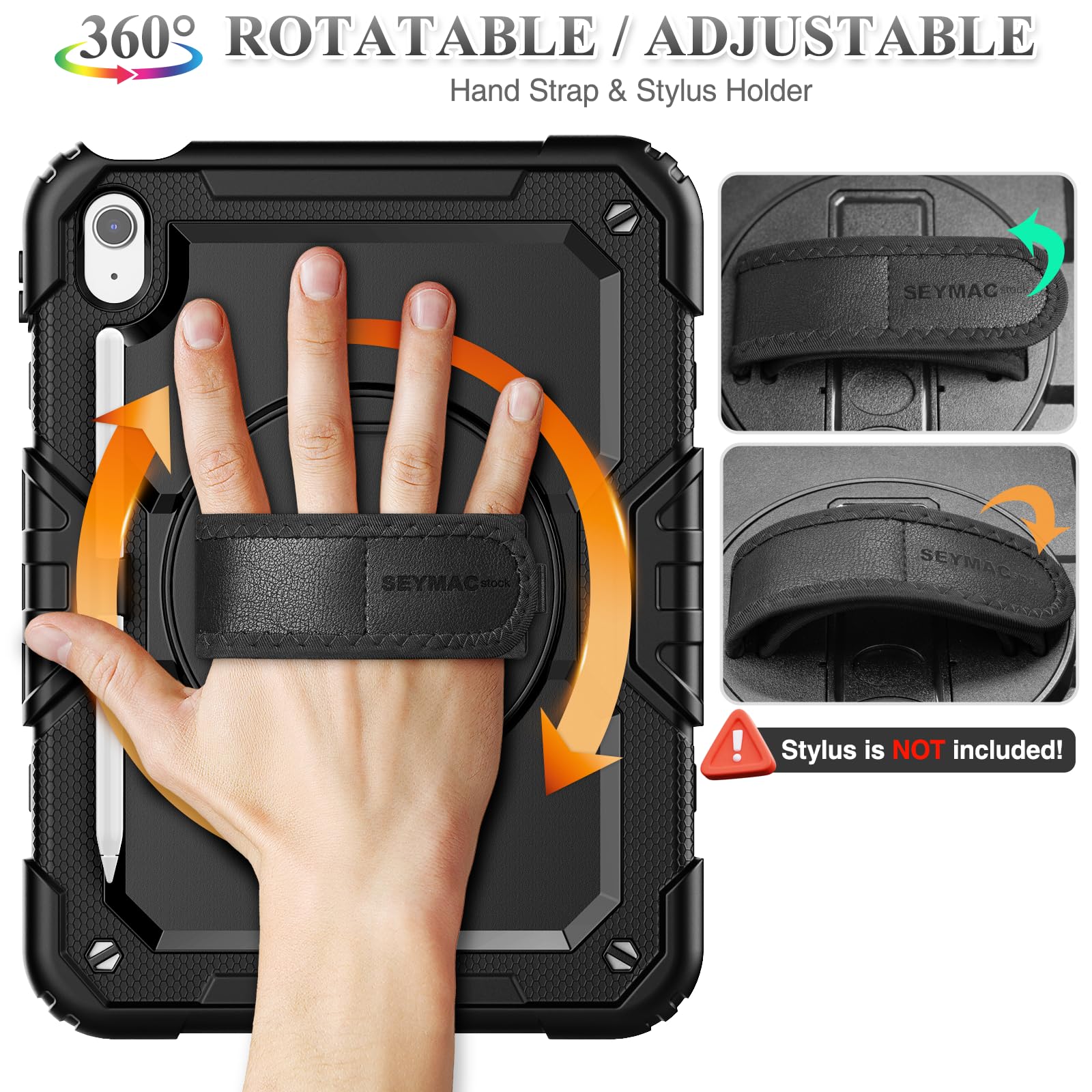 SEYMAC stock Coque pour iPad (A16) 11ème/10ème Génération 11/10,9 Pouces 2025/2022, Coque Antichoc avec Protecteur D'écran, Support Rotatif à 360°/Dragonne, Porte-Crayon et Bandoulière, Noir