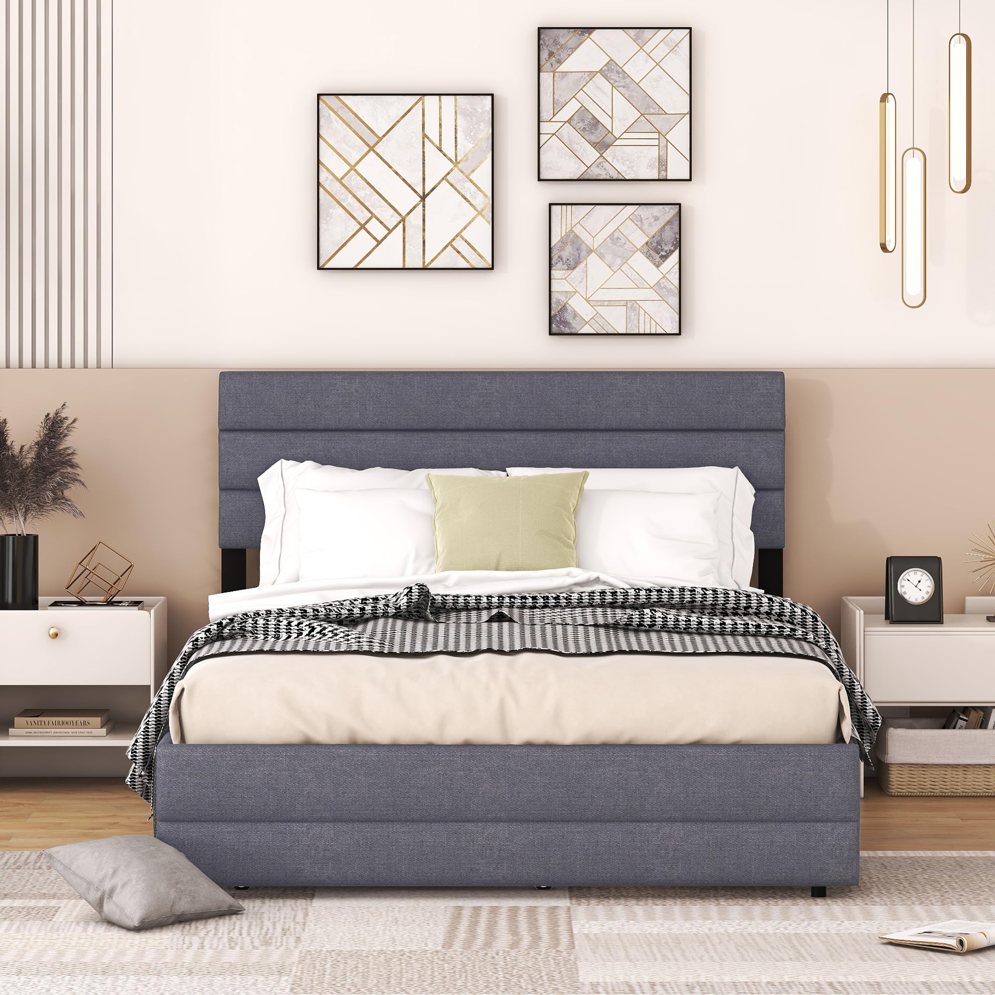 Moimhear Letto a due piazze con cassetti con ruote, 140 x 200 cm, per due persone, grigio