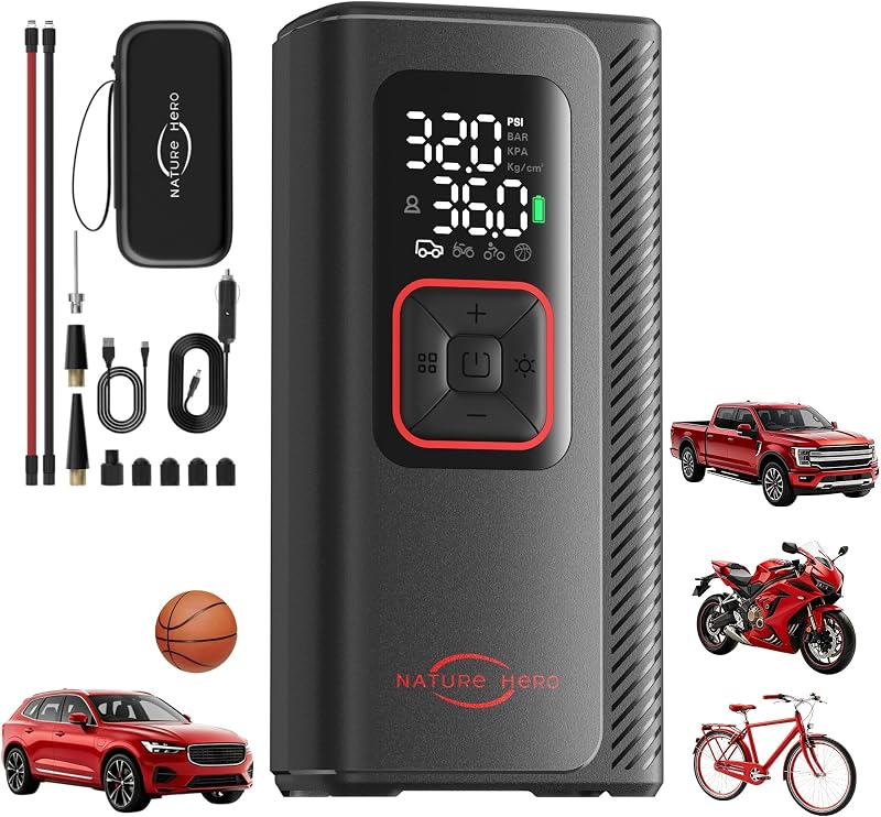 Compresor de aire portátil con inflador rápido de neumáticos de doble cilindro 6X | Bomba de aire resistente de 10400mAh con manómetro, bomba de neumáticos portátil de 160PSI para auto, SUV, camioneta, motocicleta, bicicleta